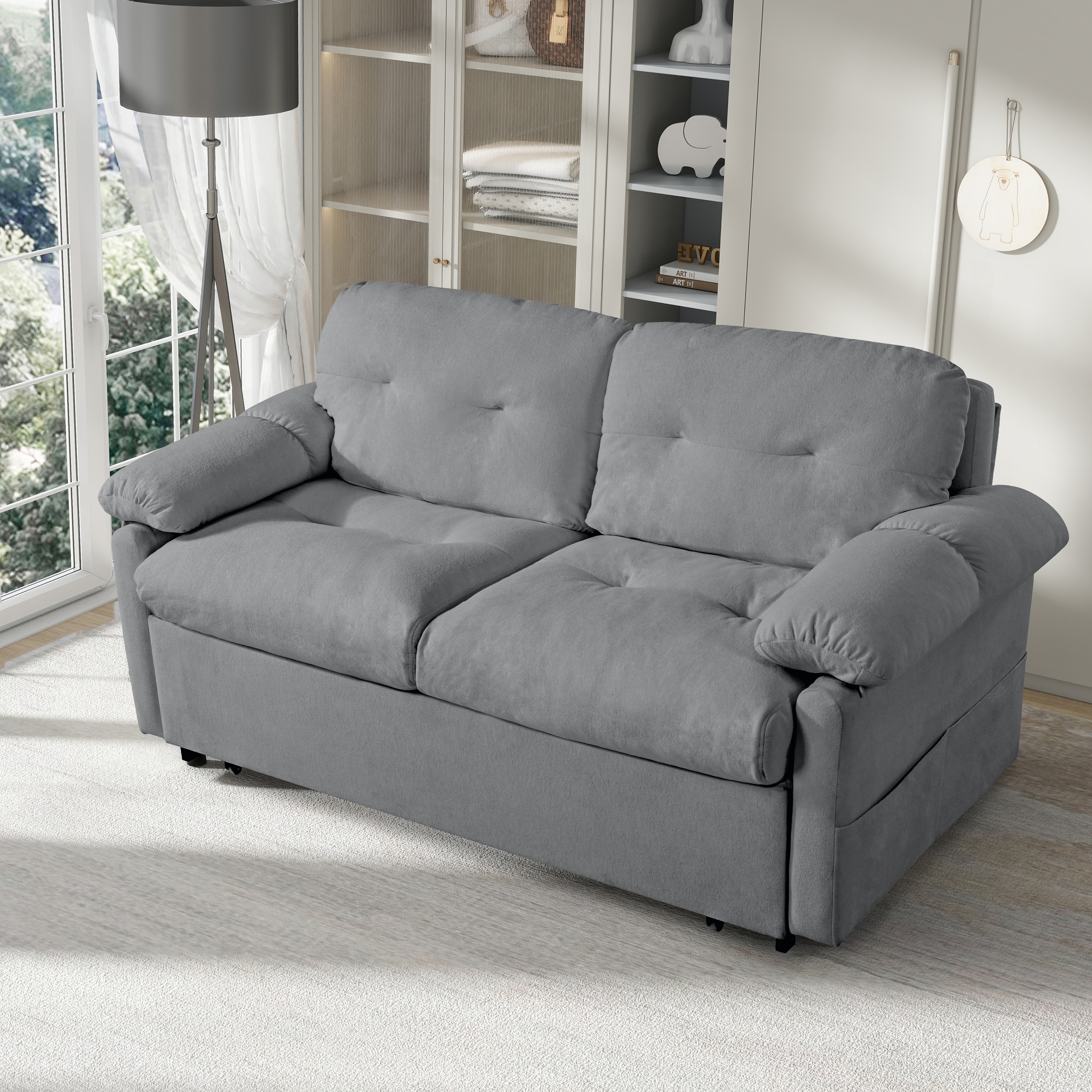 Homy Casa SLP GY B SLP 74.01 in. Cloud Grey Chenille 3-in-1 Convertible Sleeper Sofa Bed with Side Storage and Thick Cushions