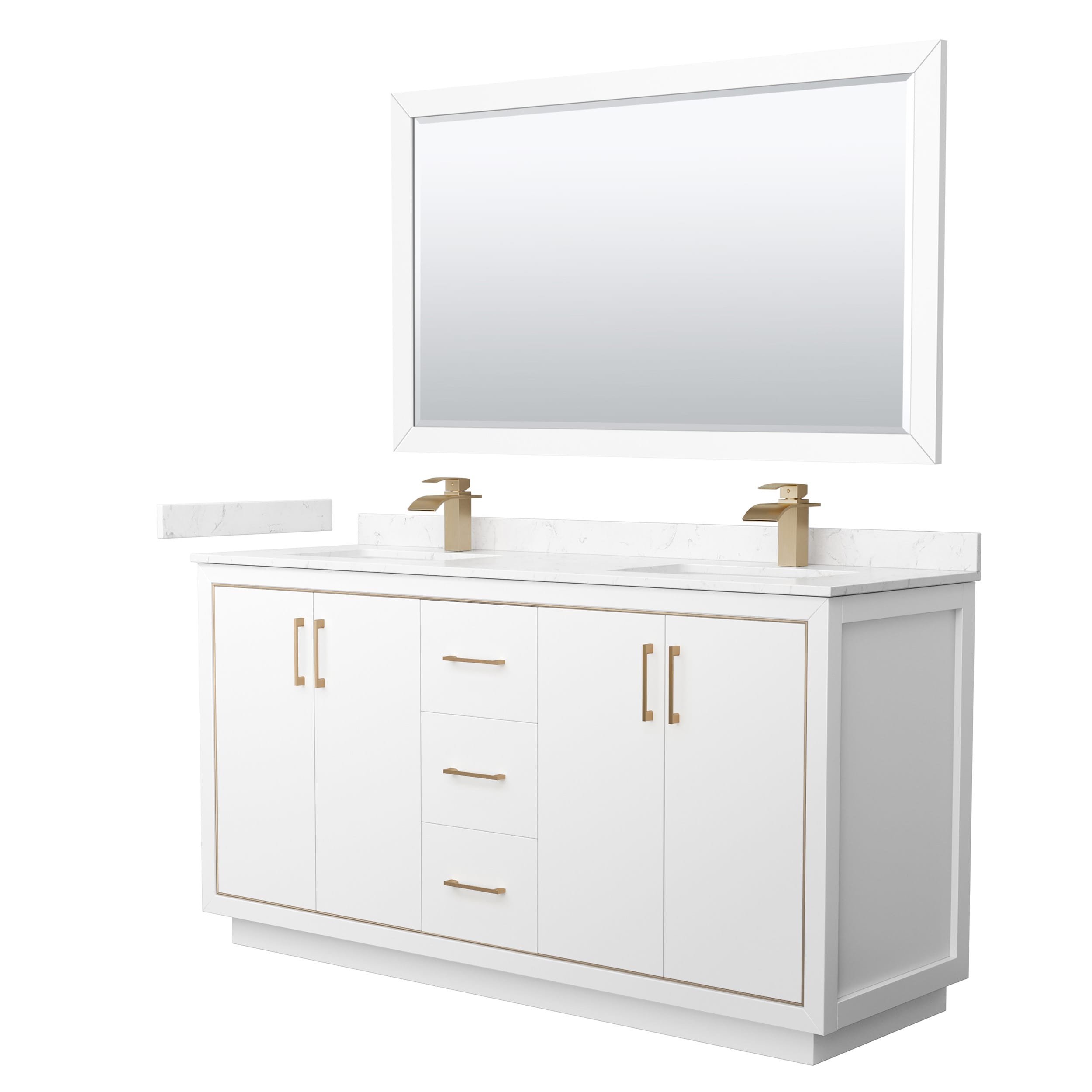 Wyndham Collection WCF111166DWZC2UNSM58 Icon 66-in White with Satin Bronze Trim Undermount Double Sink Bathroom Vanity with Carrara Cultured Marble Top (Mirror Included)