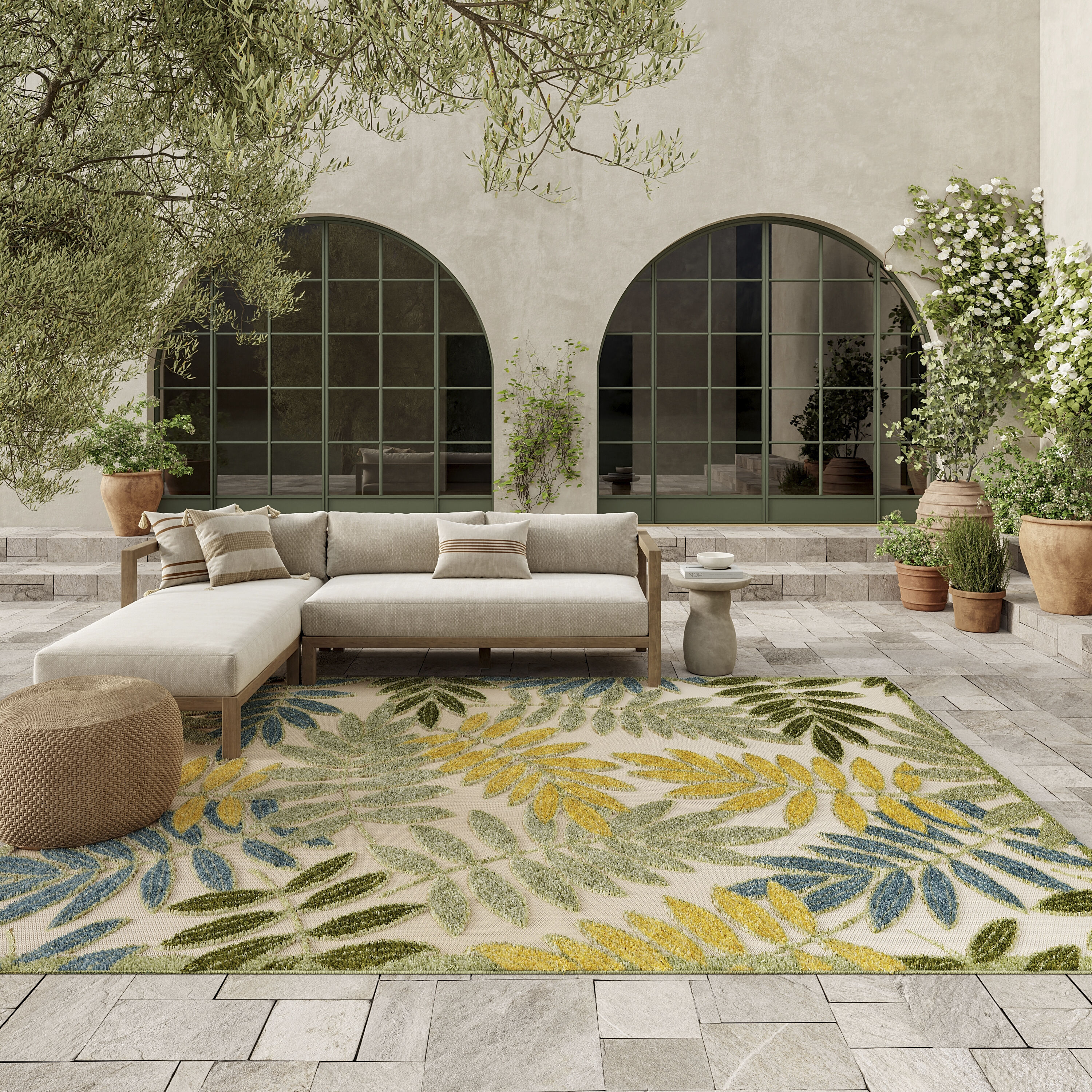 Nourison Home 099446953186 8 x 11 (ft) Loomed Polypropylene Green Multicolor Rectangular Indoor/Outdoor Floral/Botanical Tropical Area rug