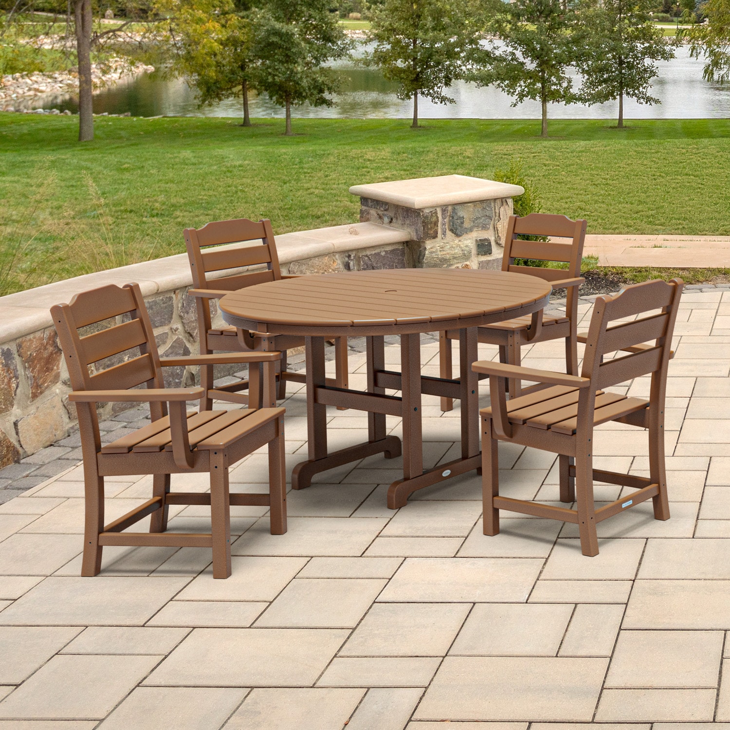 allen + roth by POLYWOOD PWS730-1-TE Oakport 5 -Piece Teak Patio Dining Set Plastic Round Table with 4 Stationary Chairs