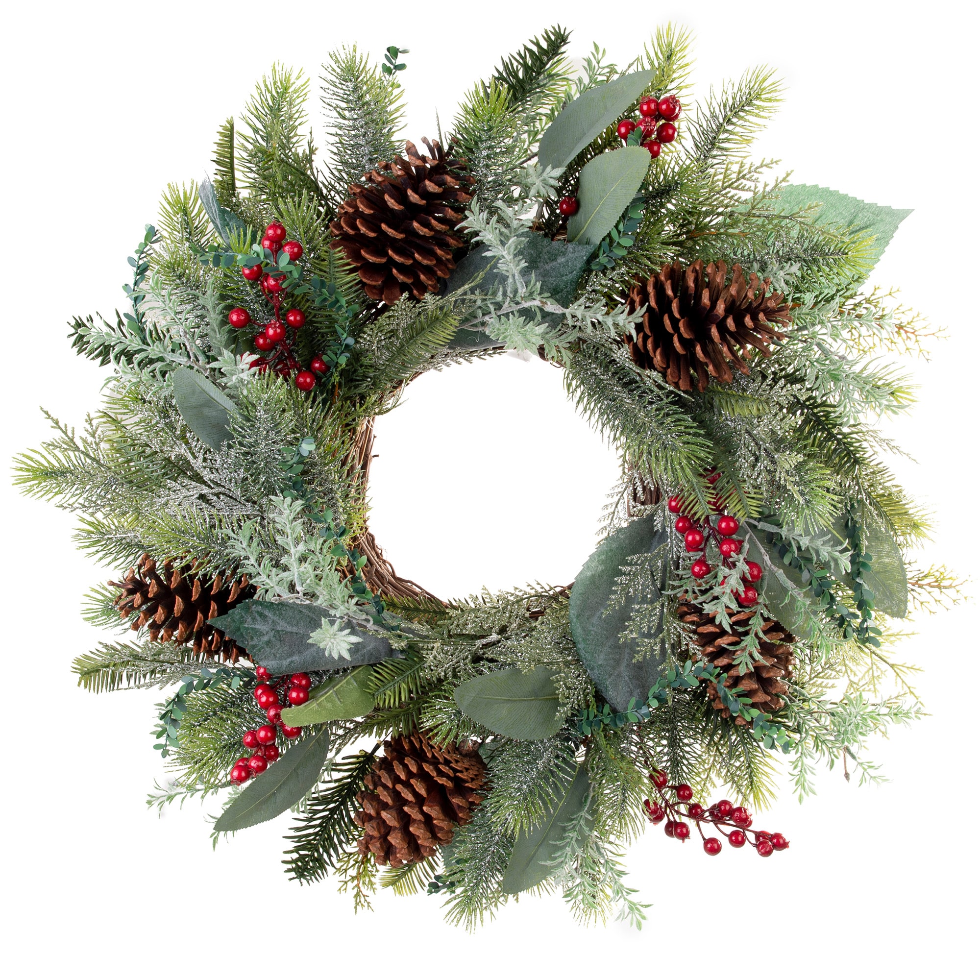 24-Inch Pre-Lit Pine Christmas Wreath with Red and Green Ornaments