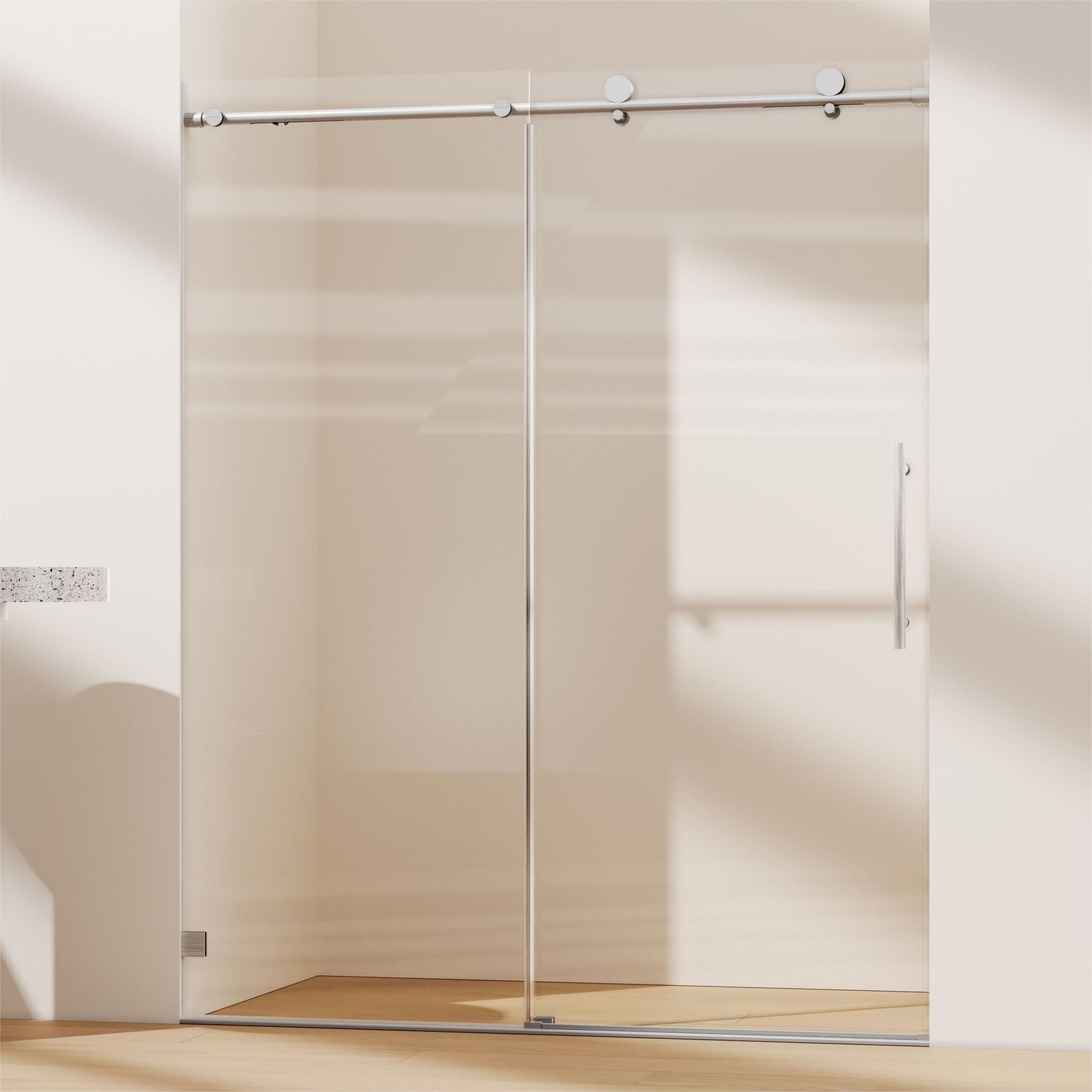 WELLFOR Single Sliding Brushed Nickel 56-in to 60-in W x 74-in H Frameless Clear Glass Bypass Sliding Soft Close Shower door