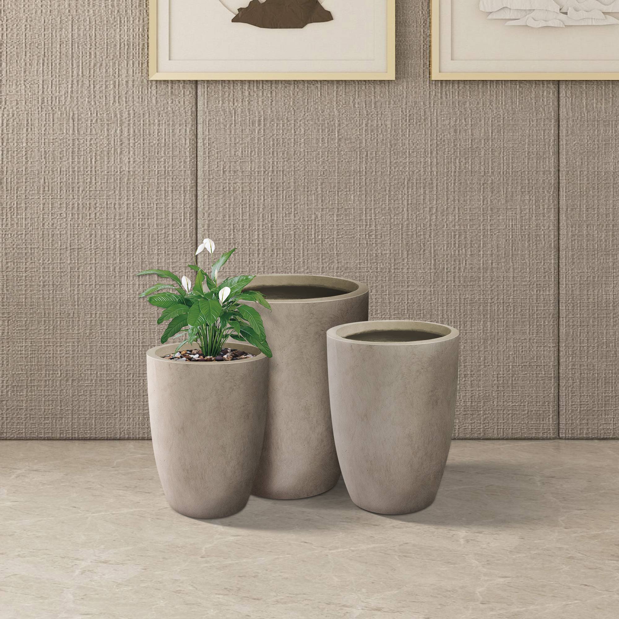 Kante 3 Piece 22.4, 20.4 and 18.1H Round Charcoal Finish Concrete Modern Tall Planters, Outdoor Indoor Decorative Plant Pots with Drainage Hole and