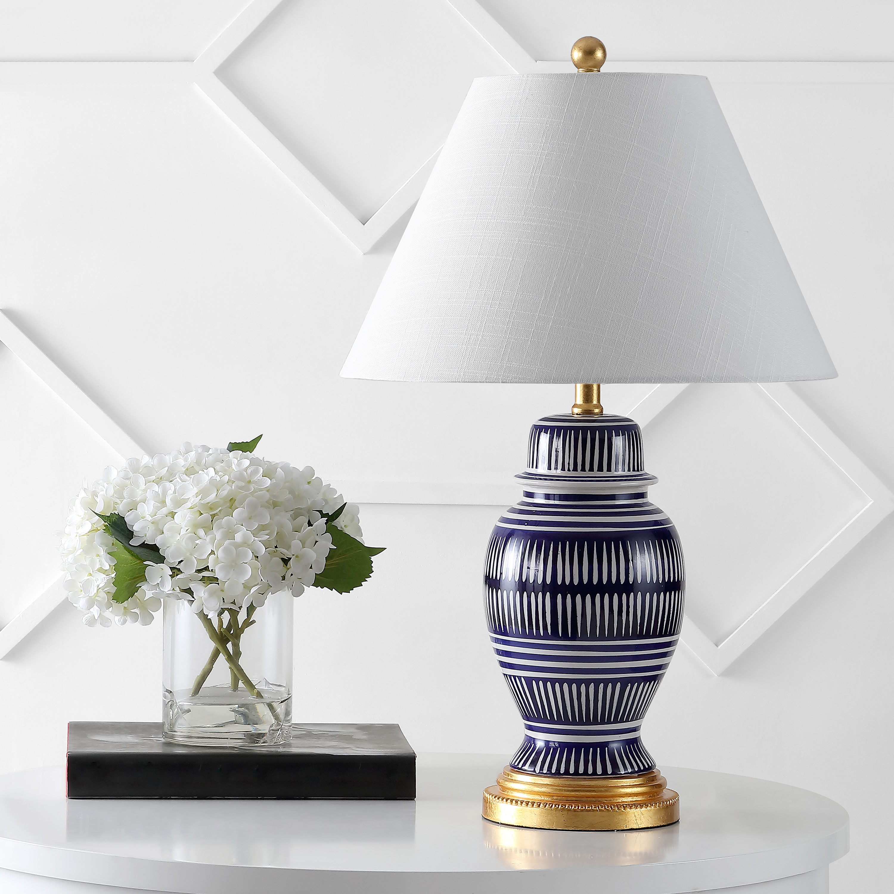 27" Navy and White Ceramic Coastal Table Lamp with Gold Accents