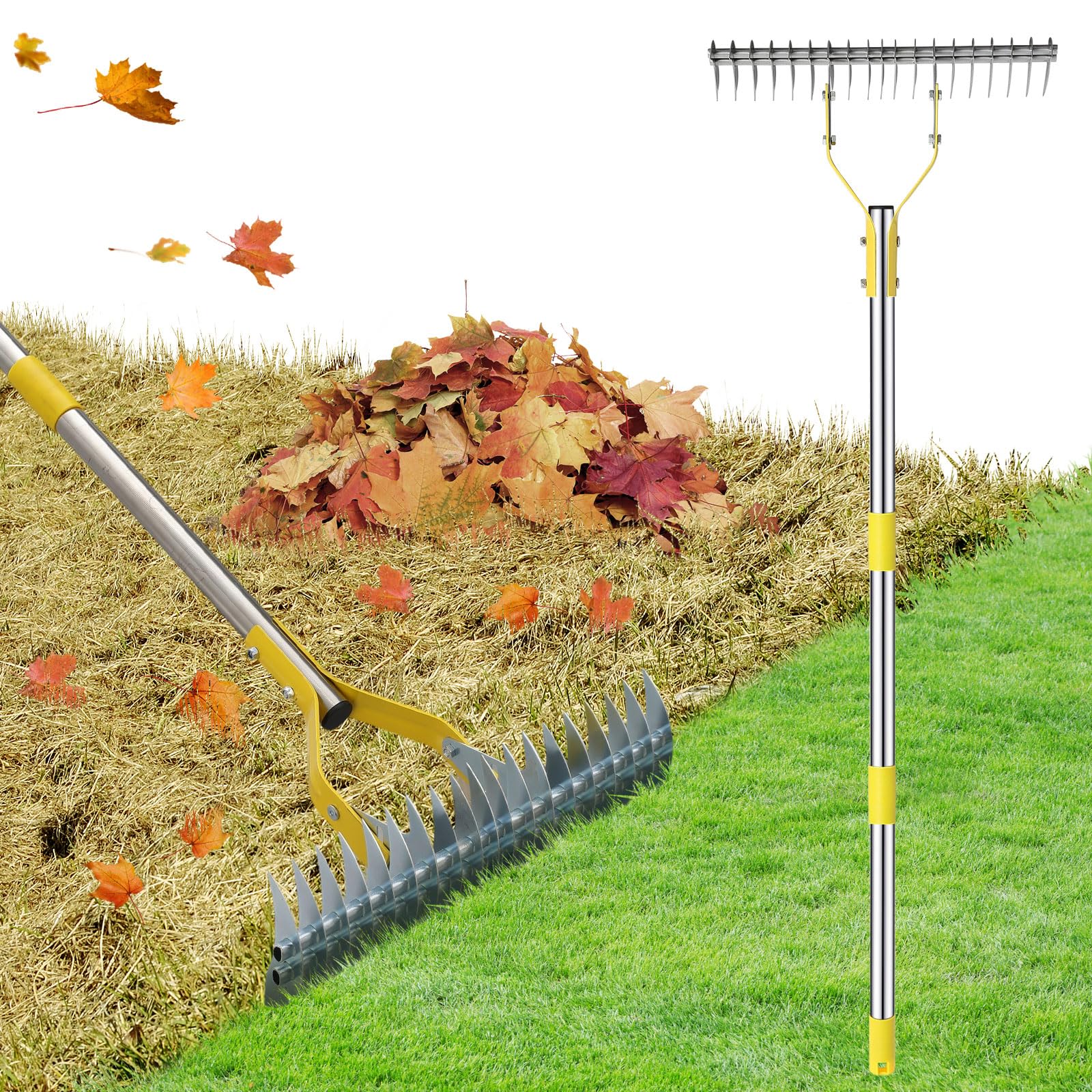 KHKFY Thatch Rake 2 in 1 Stainless Steel Garden Rake with 19 Tines 15 ...