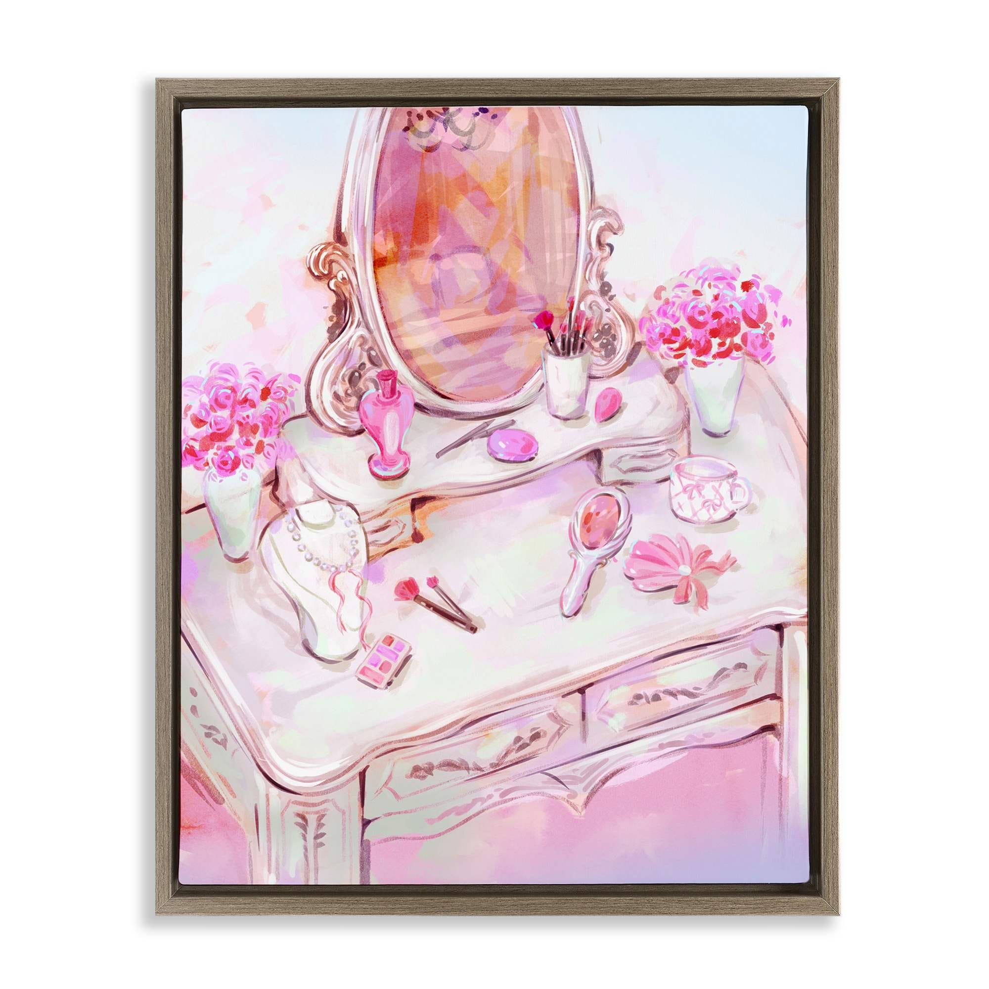 Stupell Industries BT-184-FFE-24X30 Pastel Pink Vanity View Brown Framed Floater Canvas Wall Art By Ziwei Li 25 x 31