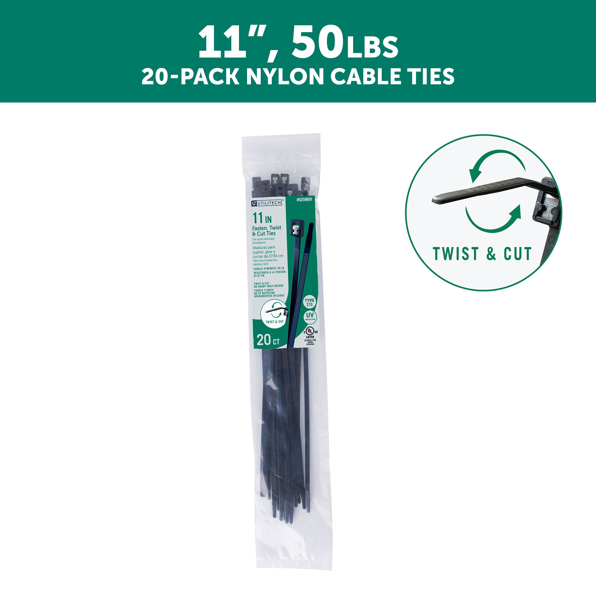 Utilitech SGY-CT139 11-in Nylon Twist cut cable ties Black with UV Protection ( 20 -Pack)