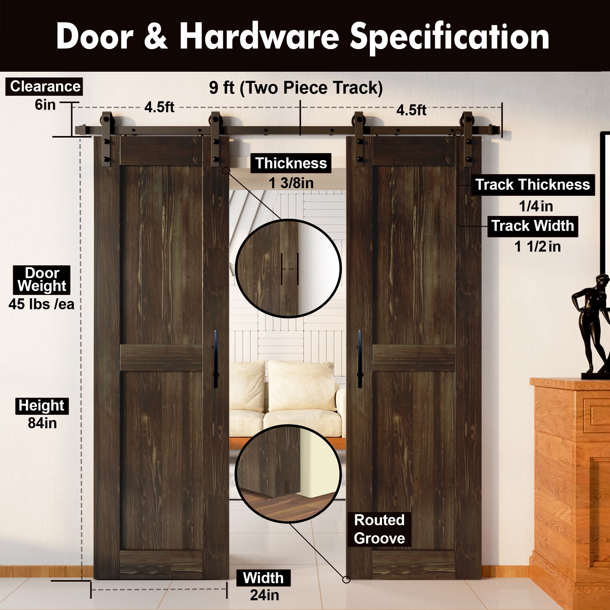 HOMACER YT2TGH108C-2484-H-EB Barn-Doors - View #7