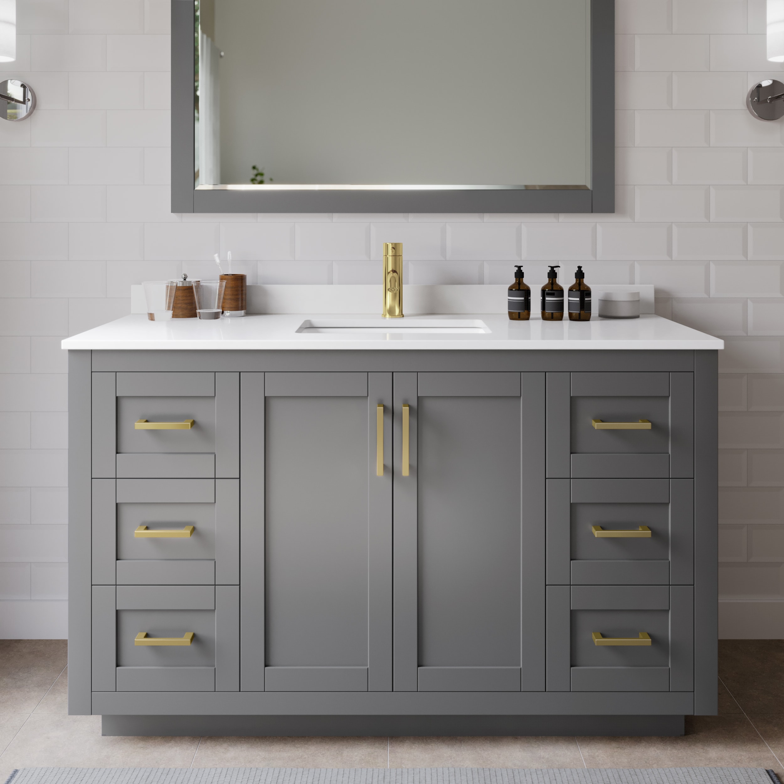 Wyndham Collection WCF292954SGGWCUNSM46 Miranda 54-in Dark Gray with Brushed Gold Trim Undermount Single sink Bathroom Vanity with White Cultured Marble Cultured marble Top (Mirror Included)