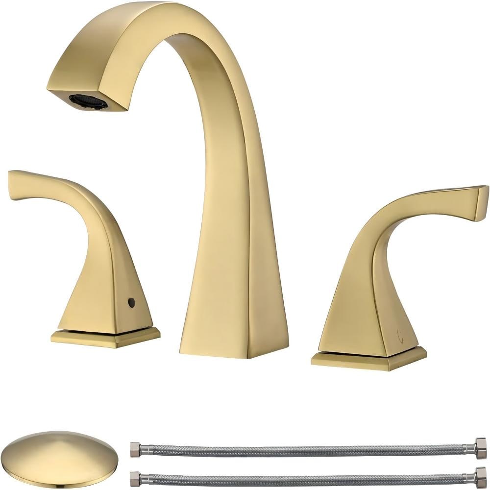 EQLOO Brushed Gold Widespread Bathroom Faucet 2 Handle 8 Inch Brass Bathroom Sink Faucet for 3 Hole Lavatory Faucet with Pop Up Drain and Supply Hose
