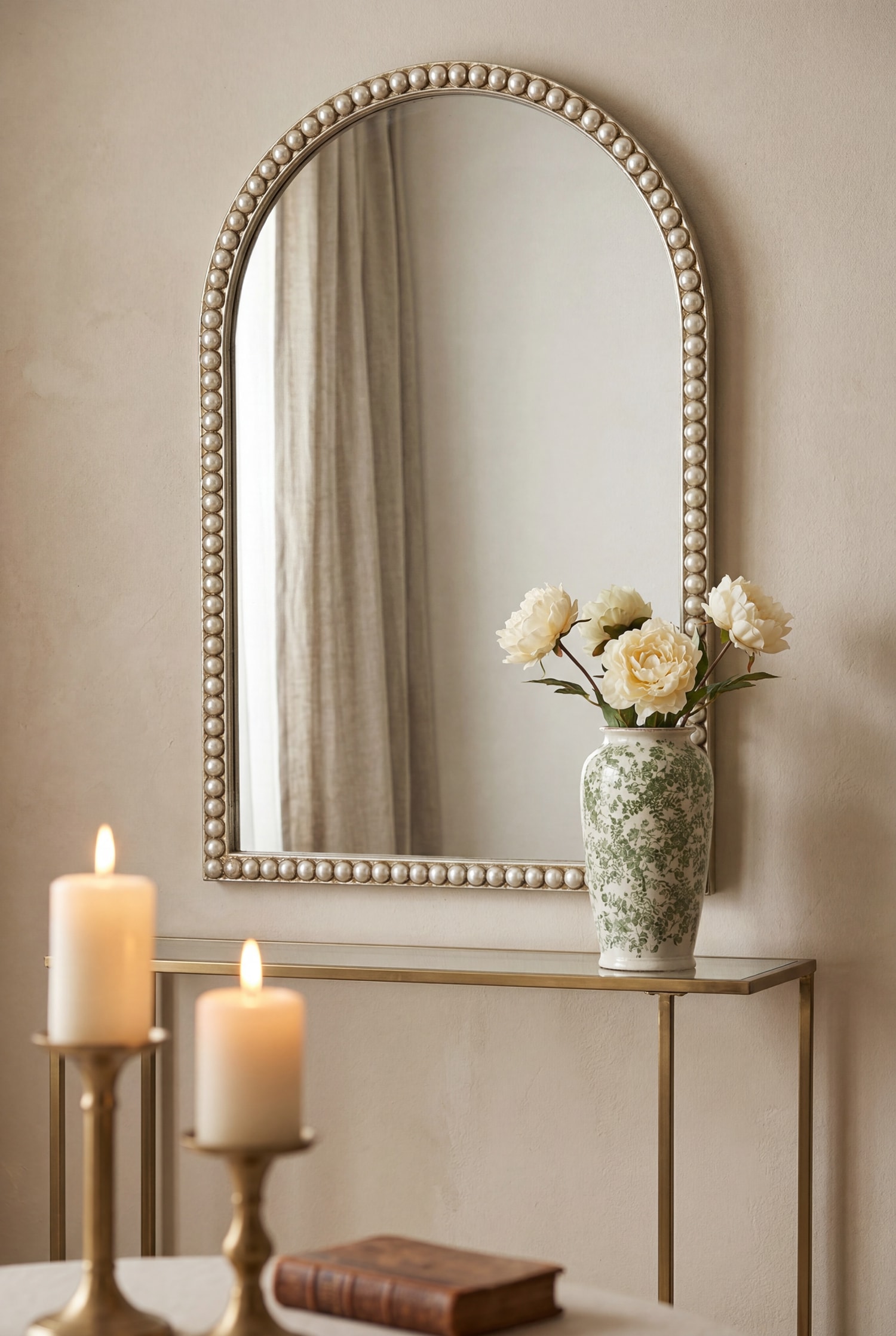 JUSHUA 24x35 4/5Inches Arched Wall Mirror with Pearl Beaded Trim - Decorative Mirror for Living Room Bedroom Bathroom Entryway