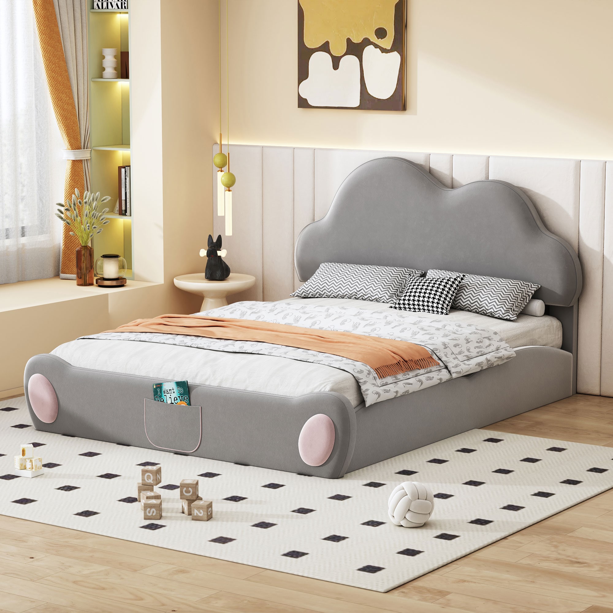 ModernLuxe L3P-SF000180AAE Queen size Cloudshaped Headboard Upholstered Platform Bed with Rounded Footboard and Pocket Gray