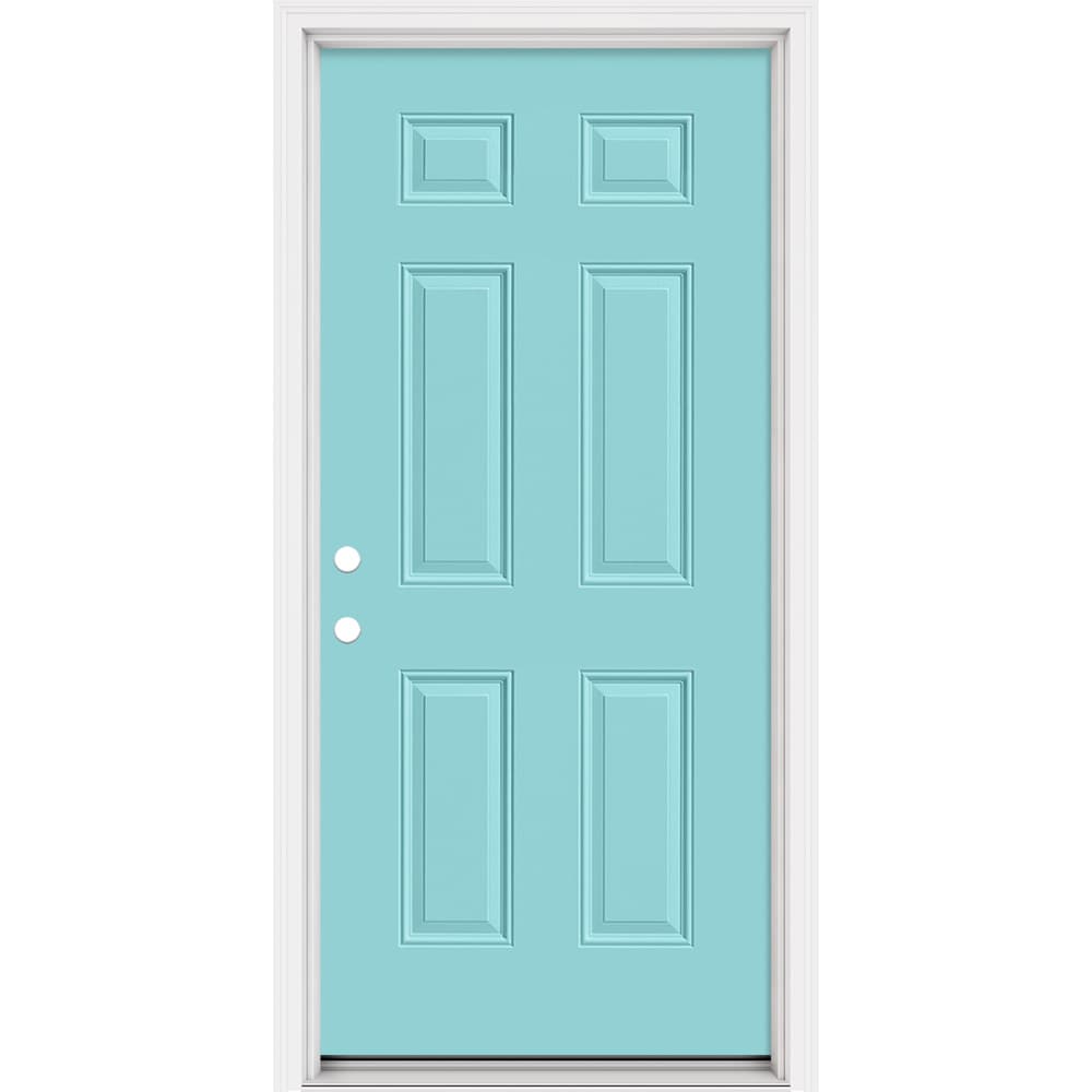 Masonite 321050 Steel Doors Series 36-in x 80-in x 4-9/16-in Steel Craftsman Right-hand inswing Caribbean Blue Painted Prehung Front Door with Brickmould Insulating core
