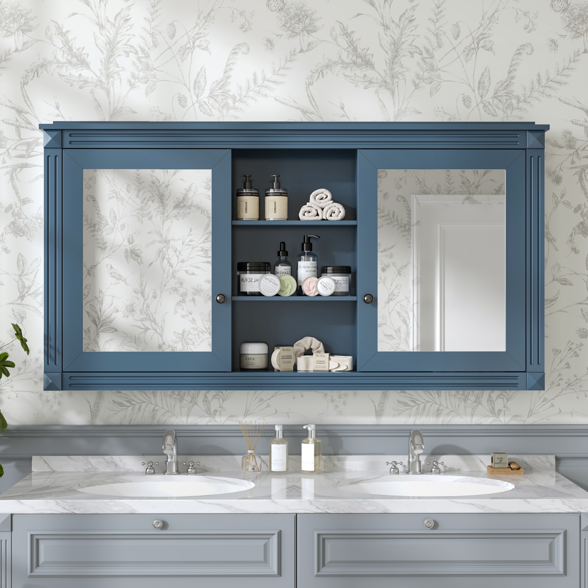 Lirago 55 inch Wall-Mount 2-in-1 Mirror Cabinet with Adjustable Shelves Soft-Closing Hinges High-Definition Mirrors for Bathroom Vanity Living Room Bedroom Storage Organizer