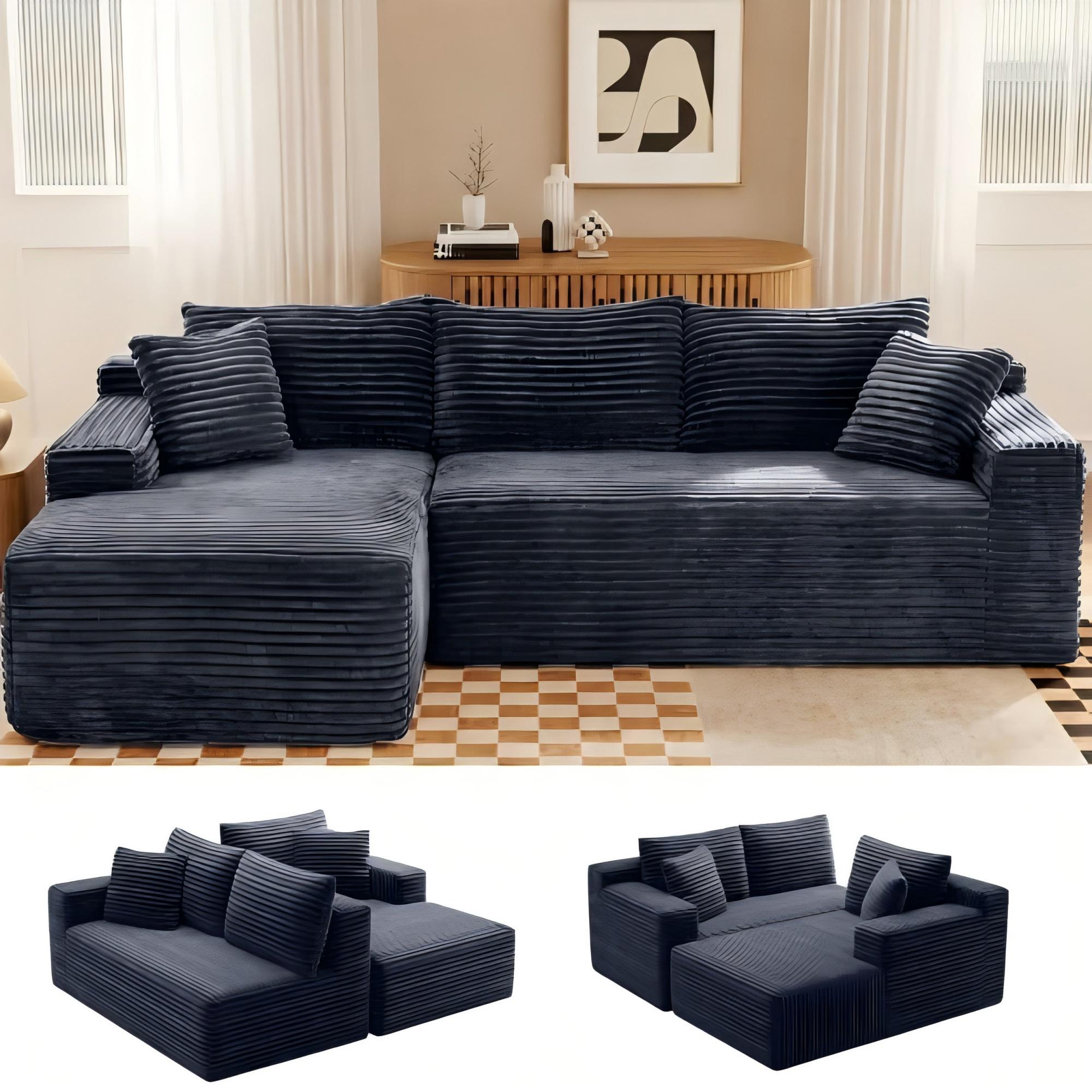 AUKFA 106 Inch L Shaped Modular Sectional Sofa with Reversible Chaise - Plush Corduroy Cloud Couch Deep Corner Seating for Living Room and Apartment No assembly required - Gray