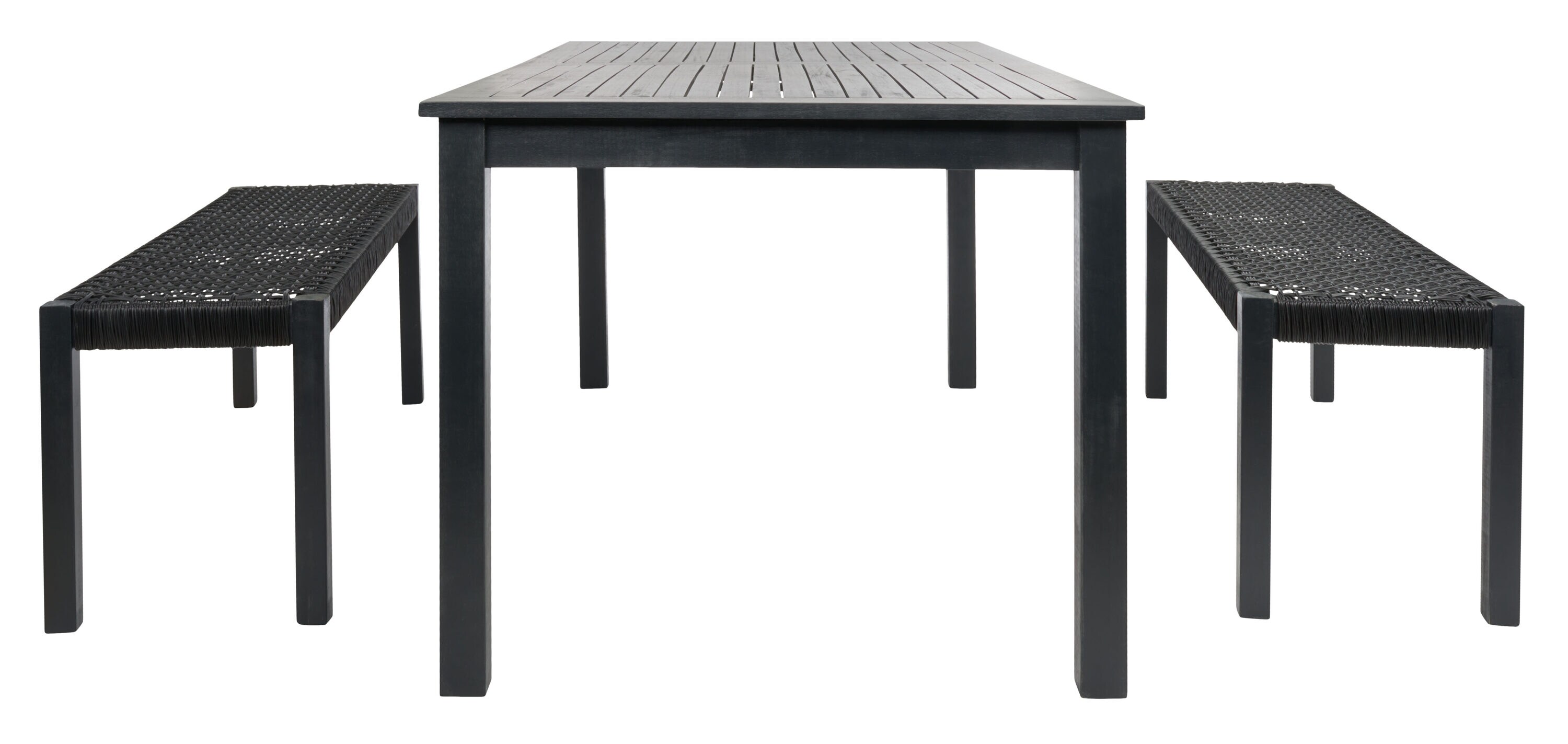Aquina Black Acacia Wood Dining Set with Woven Rattan Benches