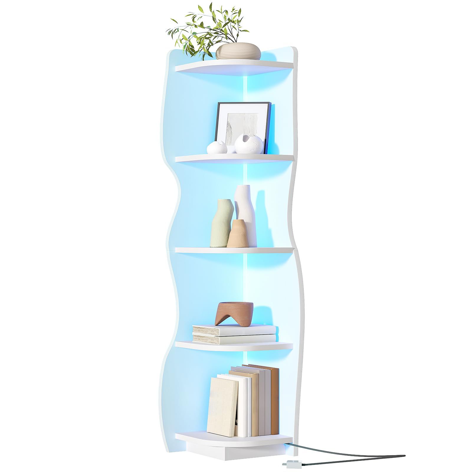 Slickblue 5 Tier Corner Bookcase with LED Light Strip for Living Room Corner Display and Storage 12.9 in W x 12.9 in L x 59 in H White