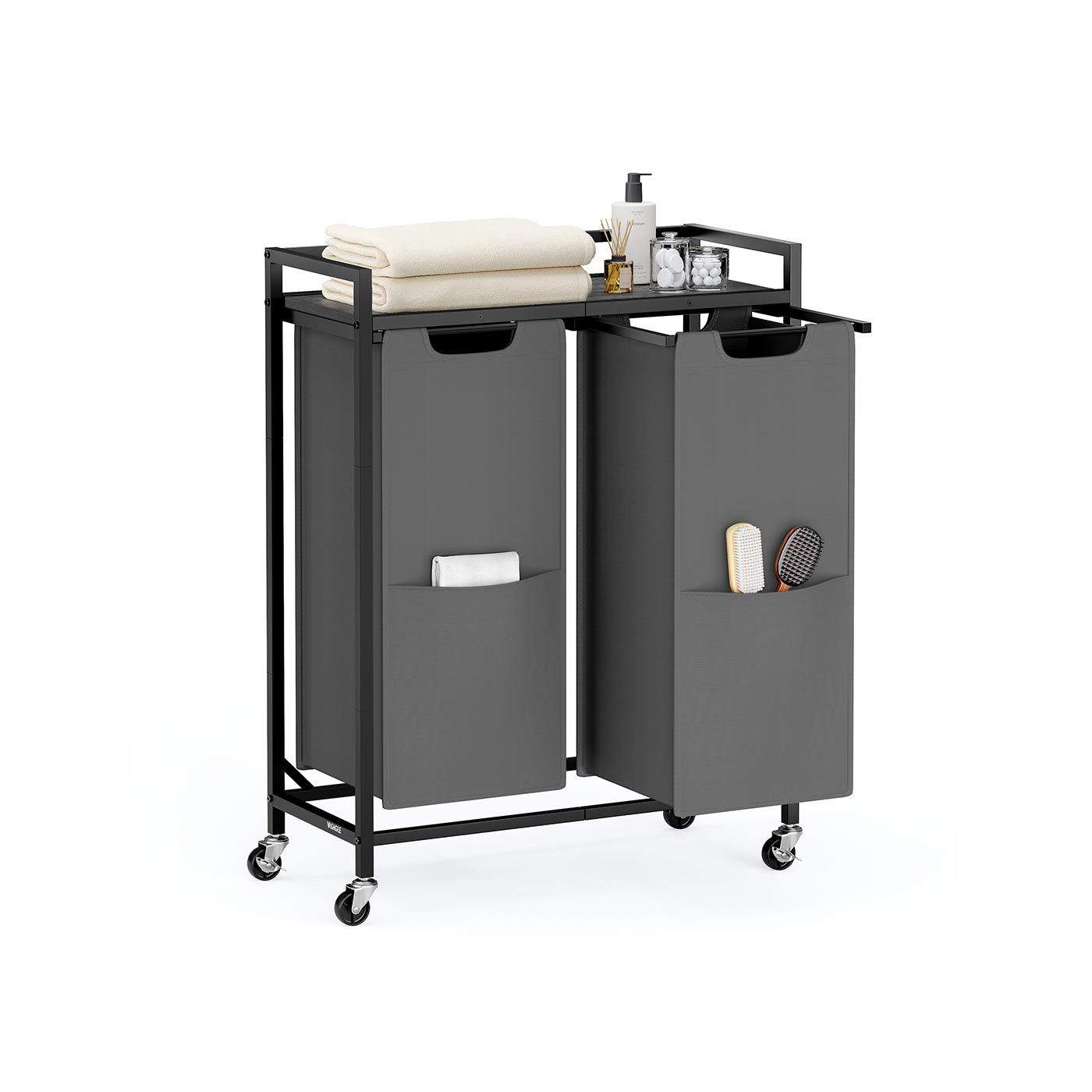 Slickblue 2-Bag Laundry Cart with Top Shelf Removable Pull-Out Bags Front Pockets and Lockable Wheels for Laundry Room Bedroom or Bathroom