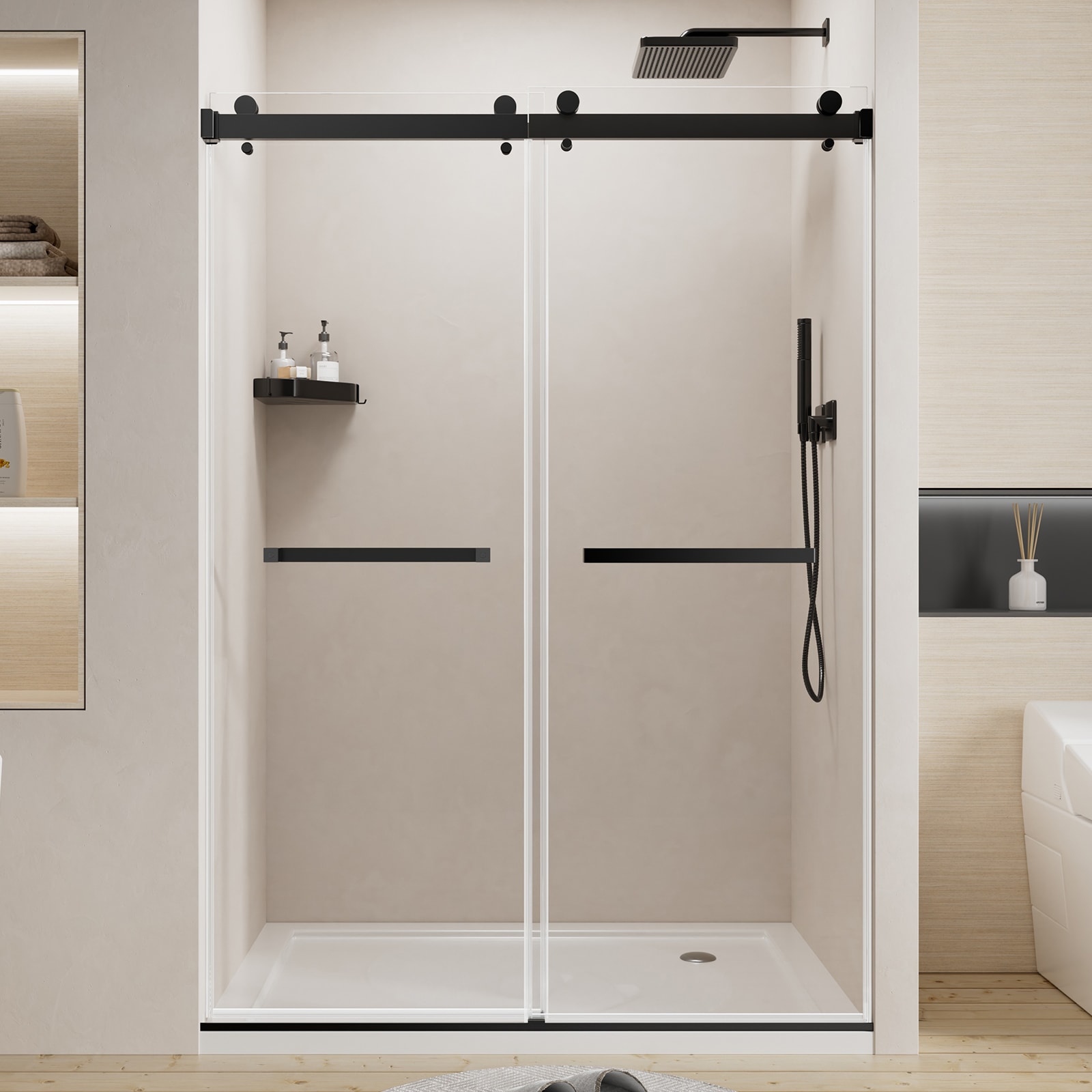 BEARSOLIM - 50-in x 54-in W x 76-in H Semi-frameless Double Sliding Shower Door 1/4-in Thick Temp...
