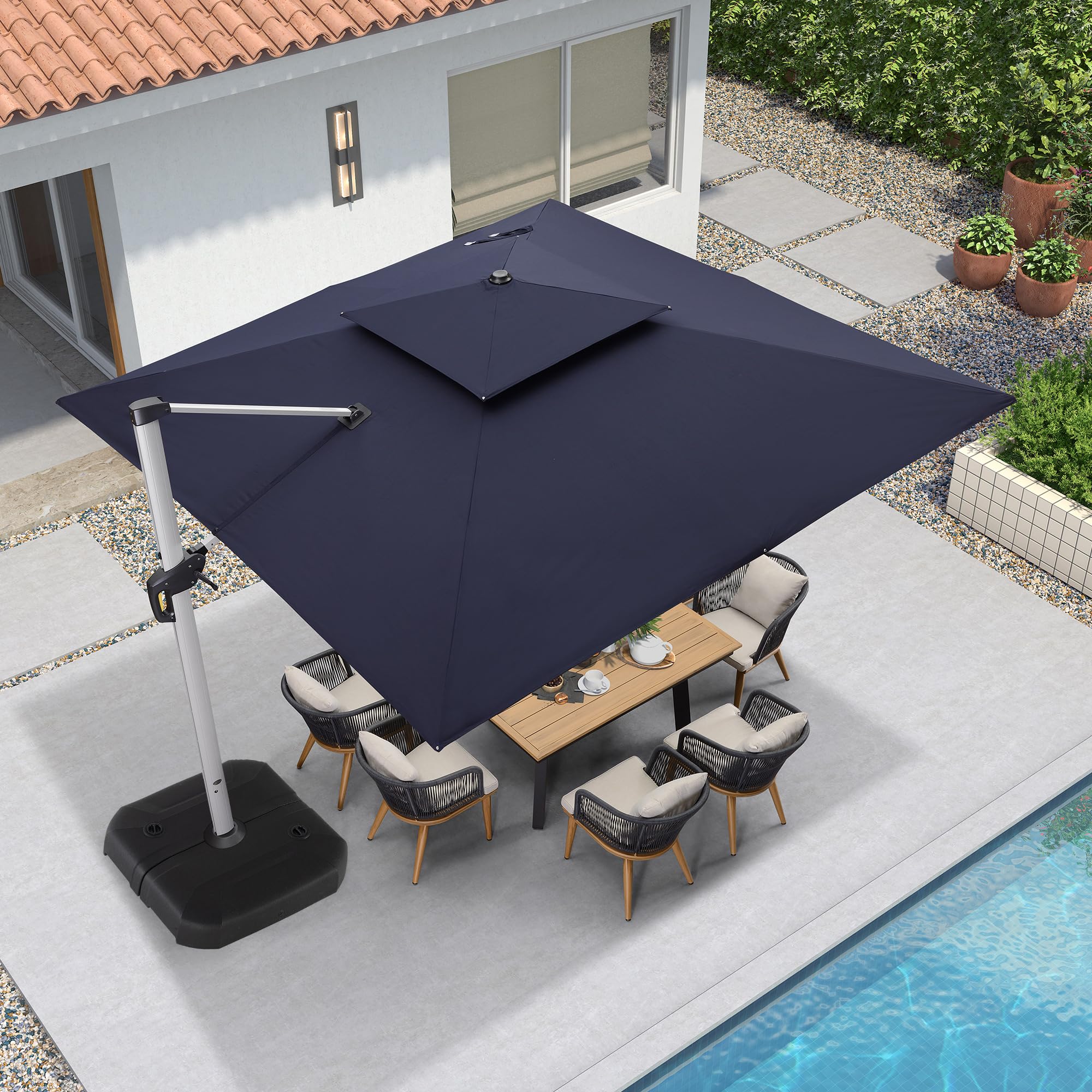 PURPLE LEAF LSGLRSM12-SNB 12-ft Aluminum Navy Crank Cantilever Patio Umbrella with Base