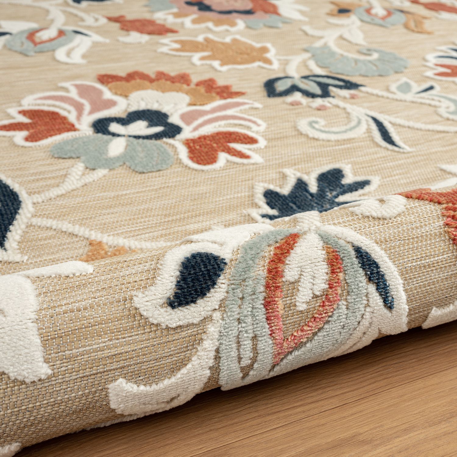 Reversible Blue Floral Filigree 5' x 7' Easy Care Rug