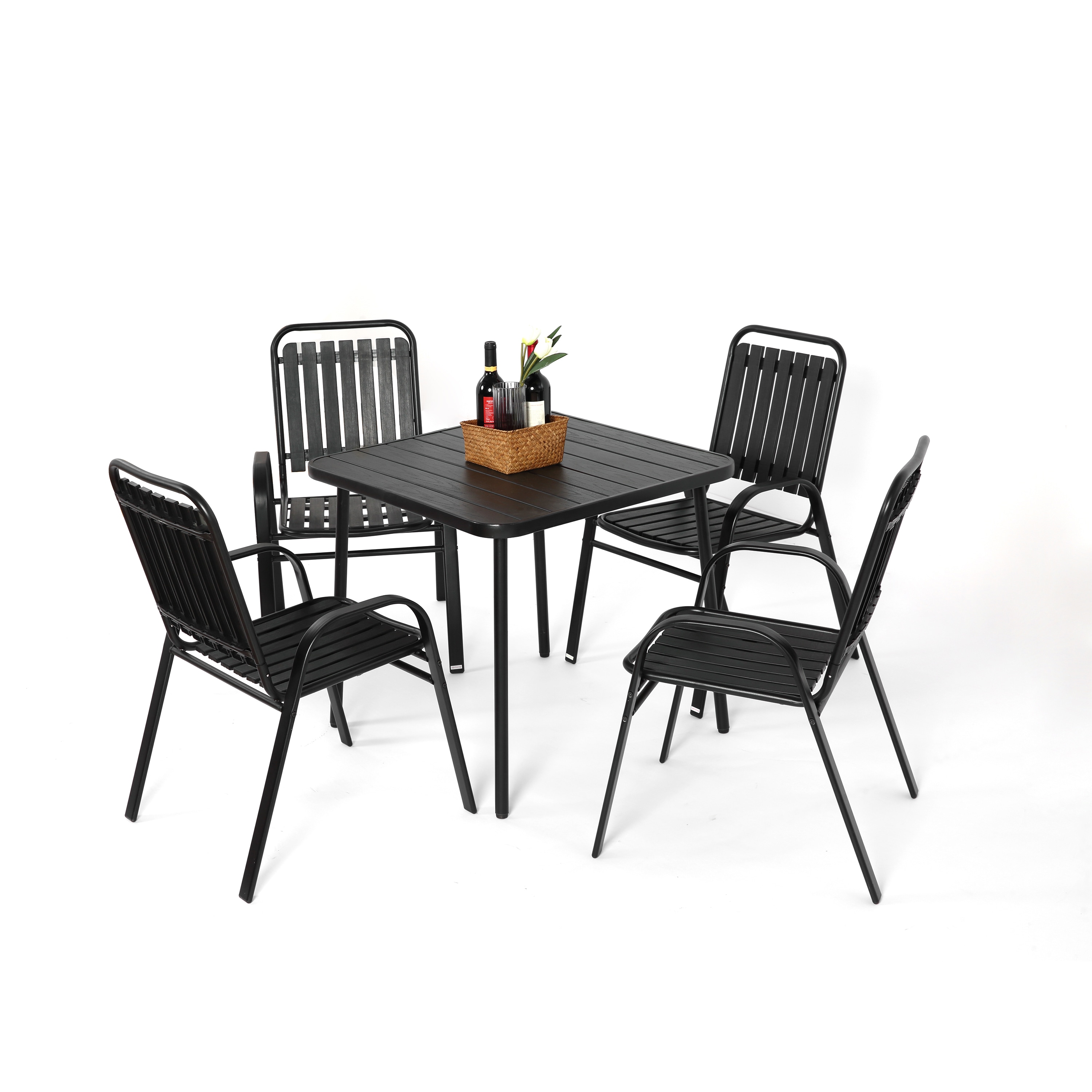 AHIOU HOME ZAAHG-S00048DS Abigail 5 -Piece Black Patio Dining Set Steel Square Table with 4 Stackable Stationary Chairs