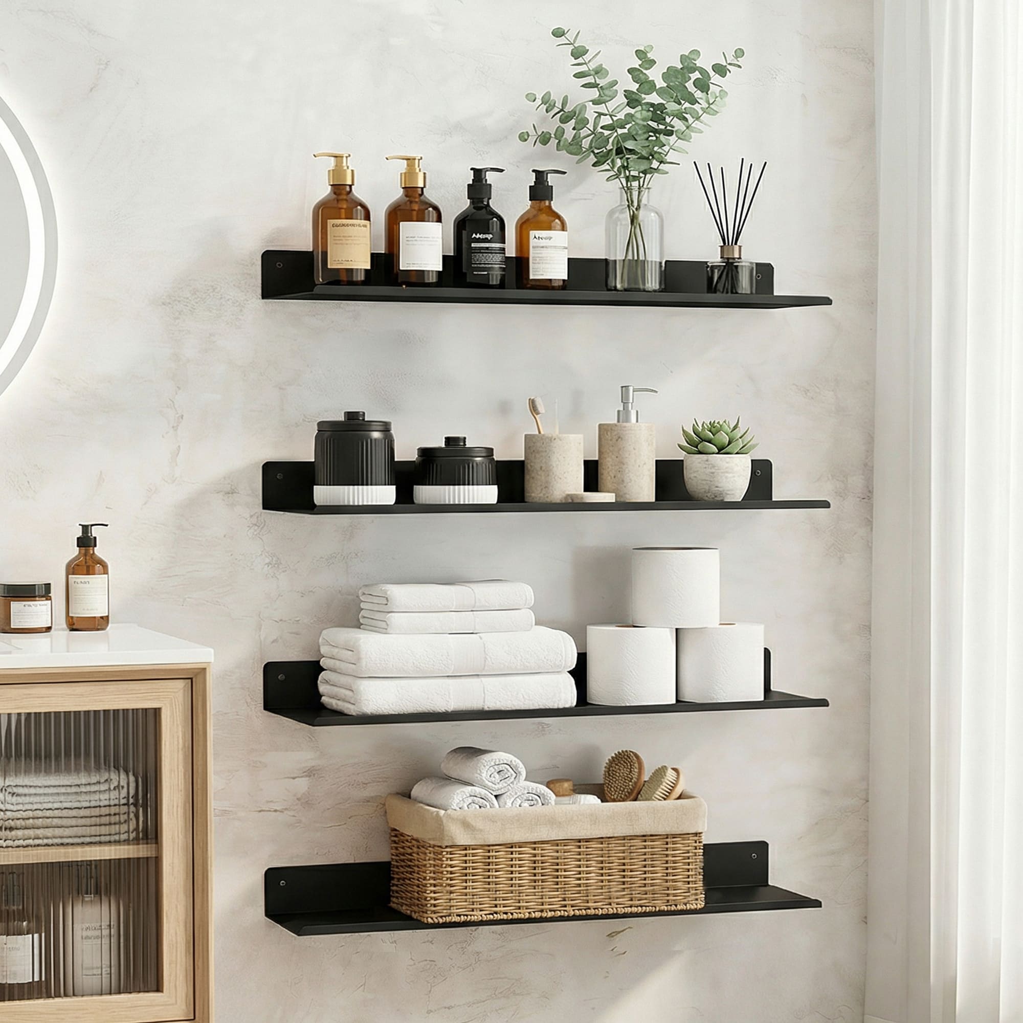 Misty Moon 4-Pack 30-in L x 4-in D Black Metal Floating Wall Shelves Modern Minimalist Wall Mount Decor Storage Shelves for Bathroom Bedroom Kitchen #LW0409-WMS-ZWCJ05
