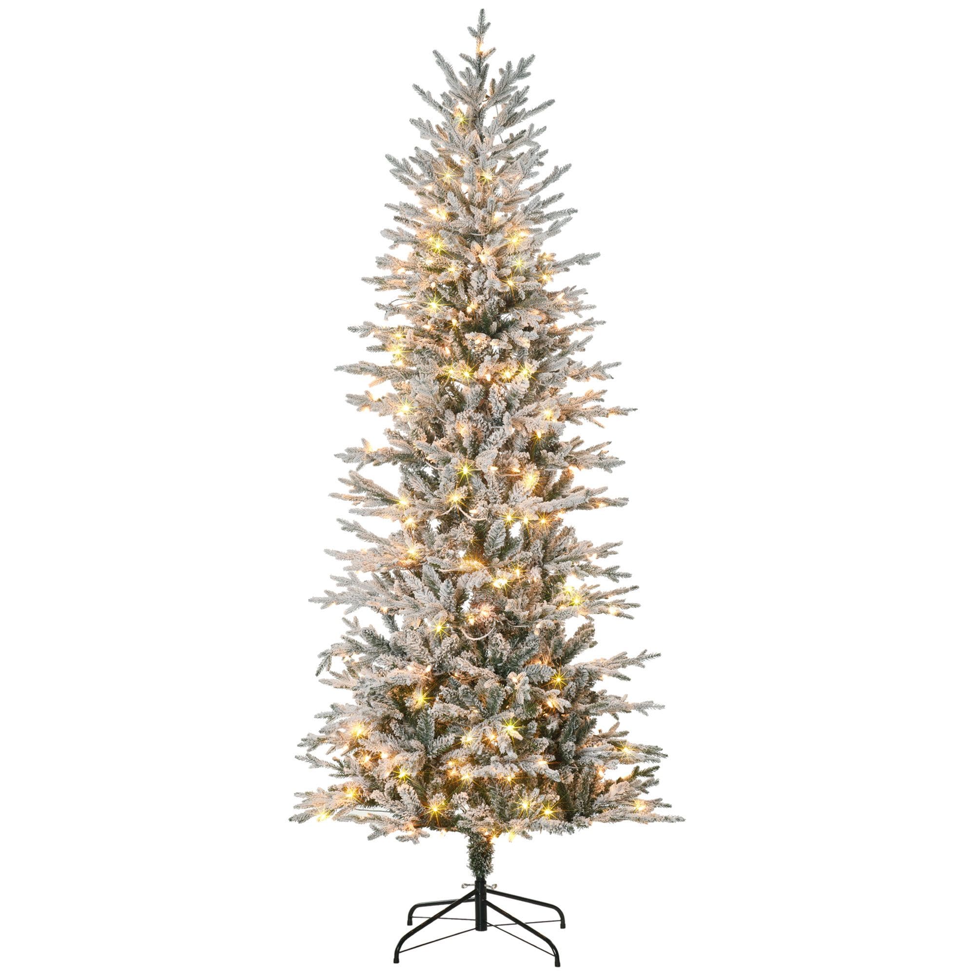 OBERSTER 7.5' Flocked Christmas Tree Pre Lit with Snow Branches Warm Yellow Clear Lights Auto Open Extra Bulb
