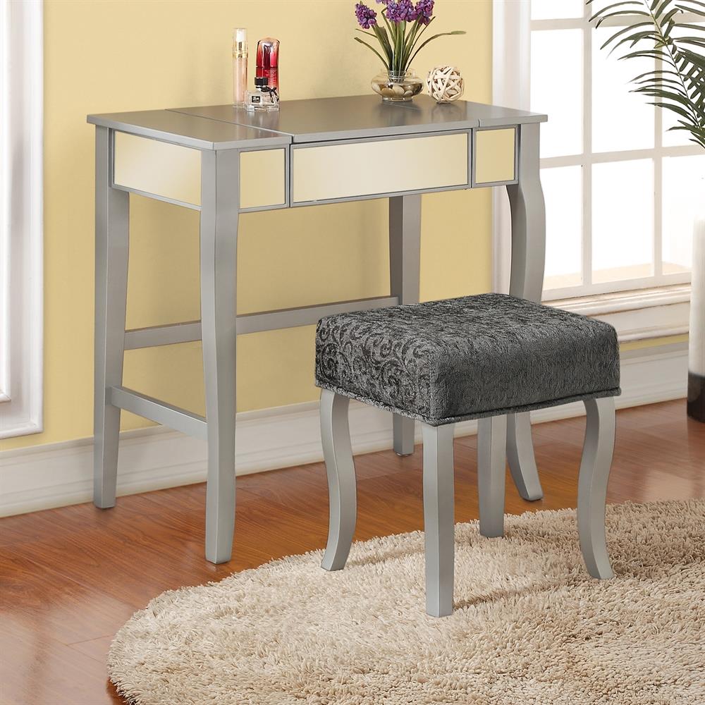 Linon Harper Silver Makeup Vanity Table With Mirror And Stool   10484943 