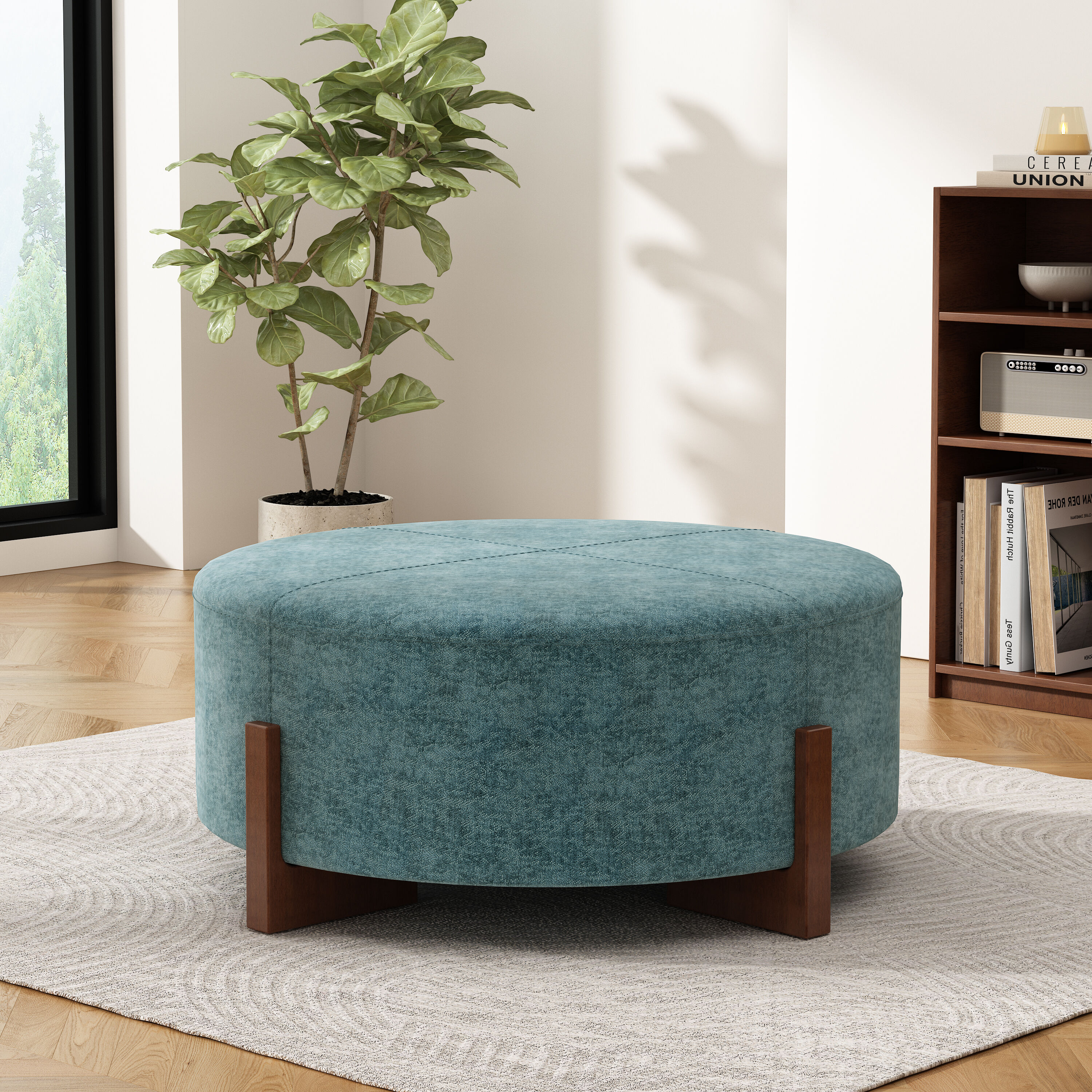 Christopher Knight Home Davenport Modern Indoor Wood Upholstered 34 Inch Round Cocktail Ottoman with Chenille Upholstery and Solid Wood Legs Multi Functional Coffee Table Ottoman Teal Blue and Walnut