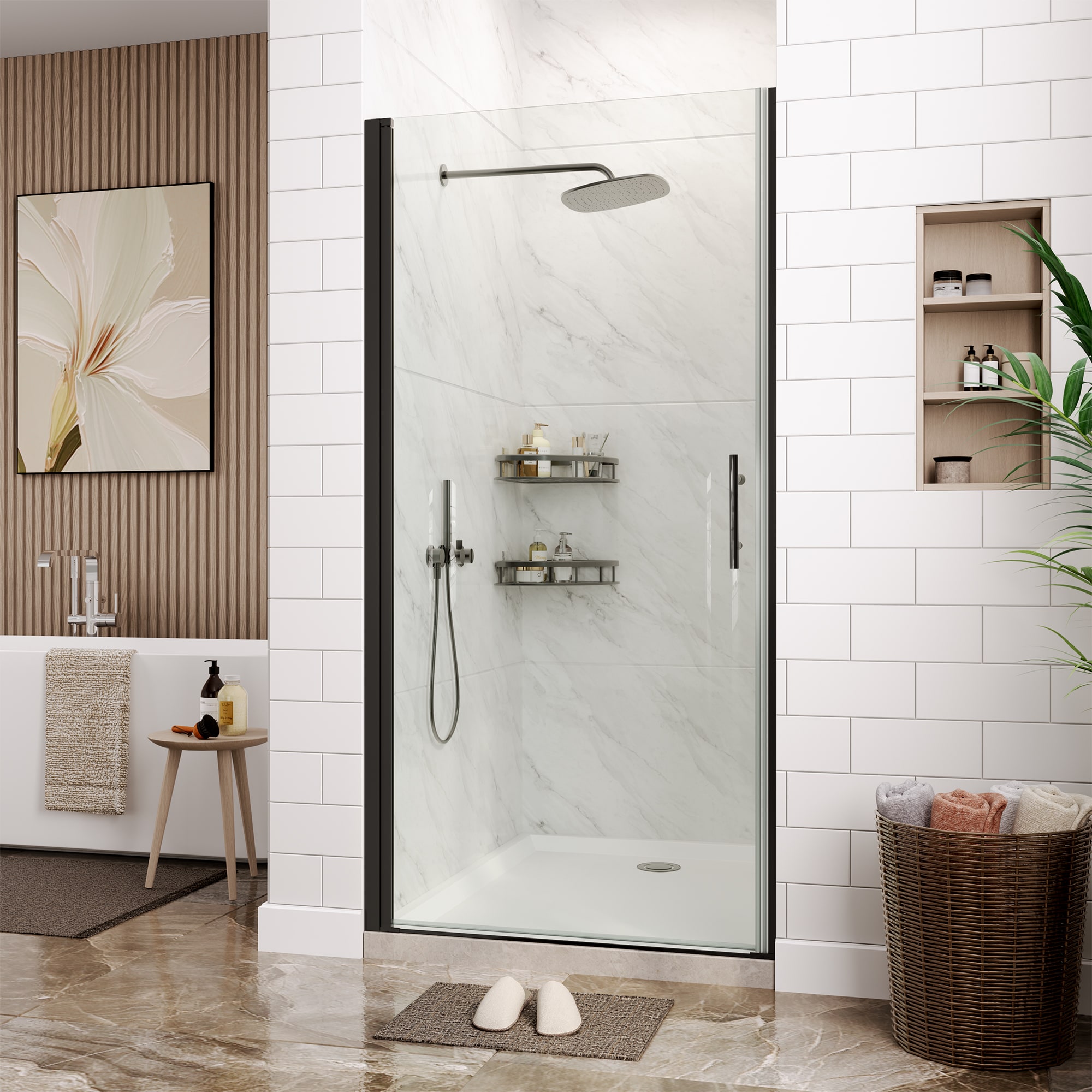 IdealHouse 34 inW x 72 in H Pivot Frameless Shower Door 6 mm Clear Tempered Glass Swing Shower Doors with Waterproof Seal Strips and Brushed Brushed Nickel Finish Reversible Mount