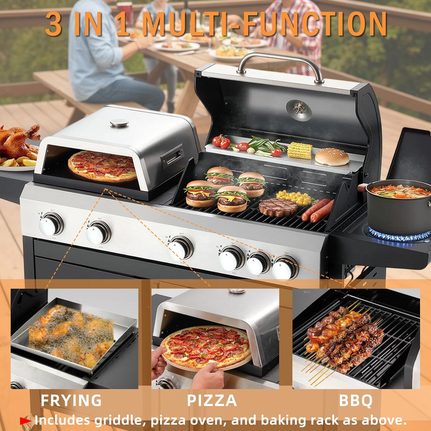 MELLCOM 3 IN 1 Pizza Griddle Grill Combo 74000 BTU 5 Burner