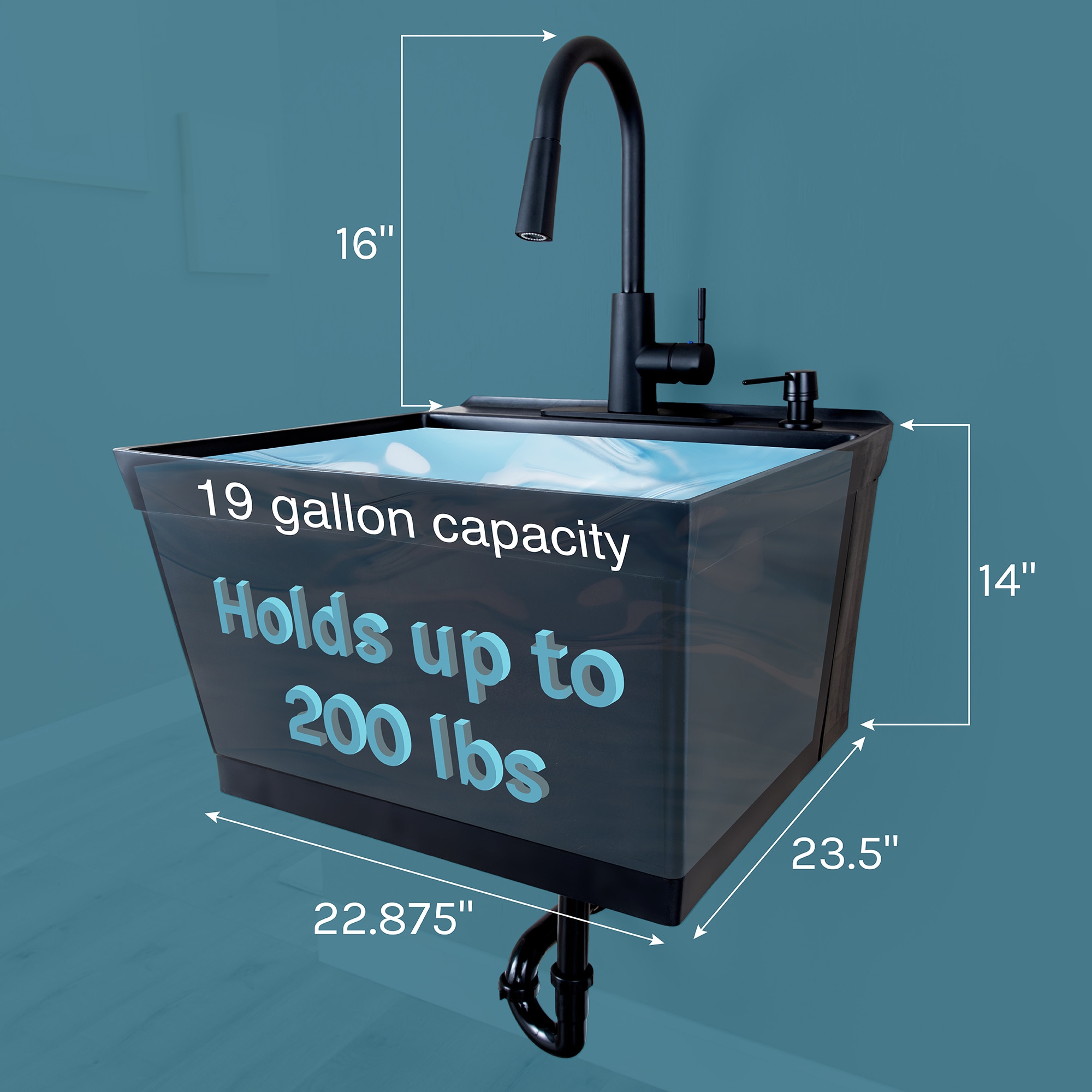 Black Wall Mount Utility Sink with Pull-Down Faucet