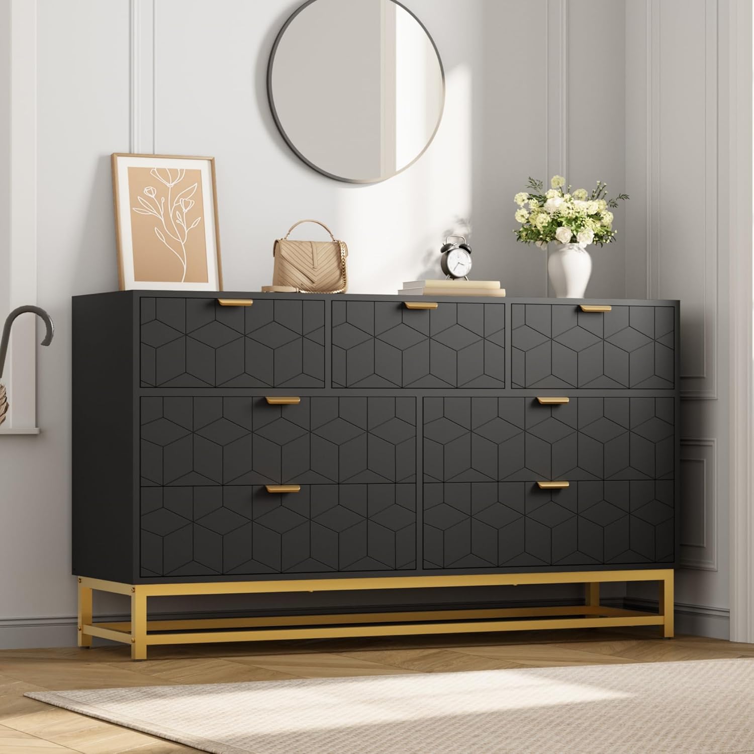 Qeetex YJCJ-PHO-34A96A56 Modern 7 Drawer Dresser  Wide Chest with Gold Metal Legs and Handles  Wood Storage Organizer for Bedroom  Living Room  Hallway  Black