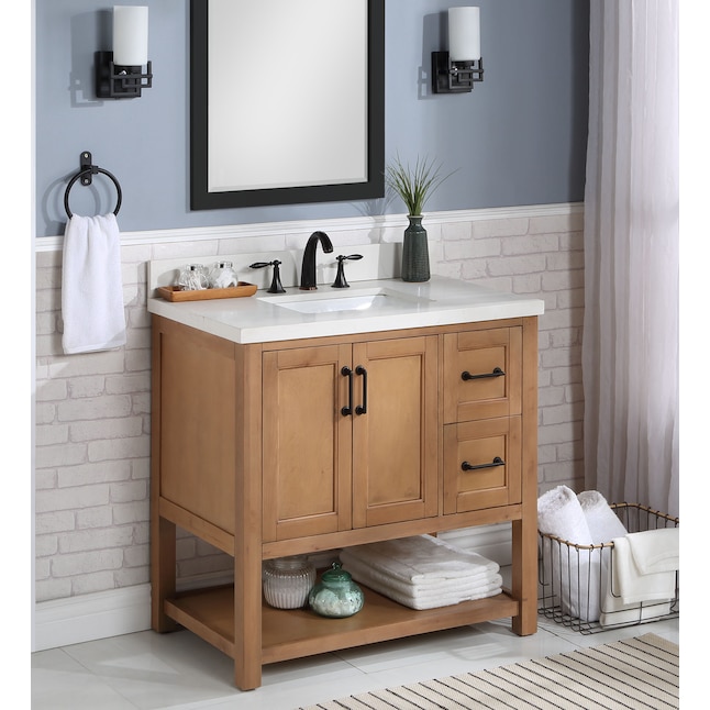 Allen Roth Harwood 36 In Natural Undermount Single Sink Bathroom Vanity With White And Gray Quartz Top The Vanities Tops Department At Com - 36 Bathroom Vanity With Sink Top Views