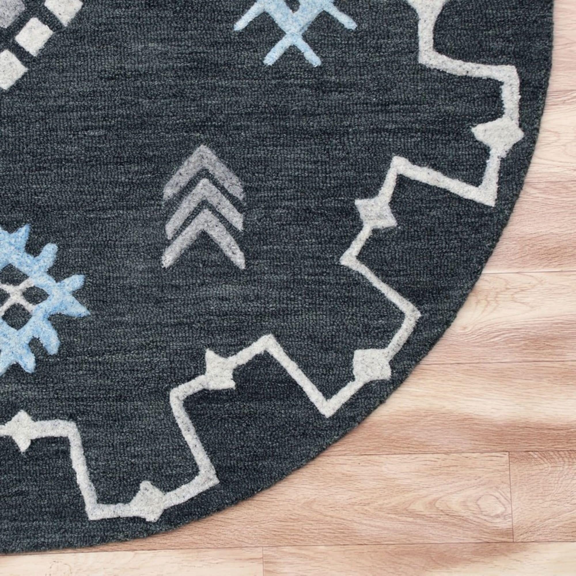 Artisan Geometric Blue & Charcoal 5' Round Wool-Viscose Rug