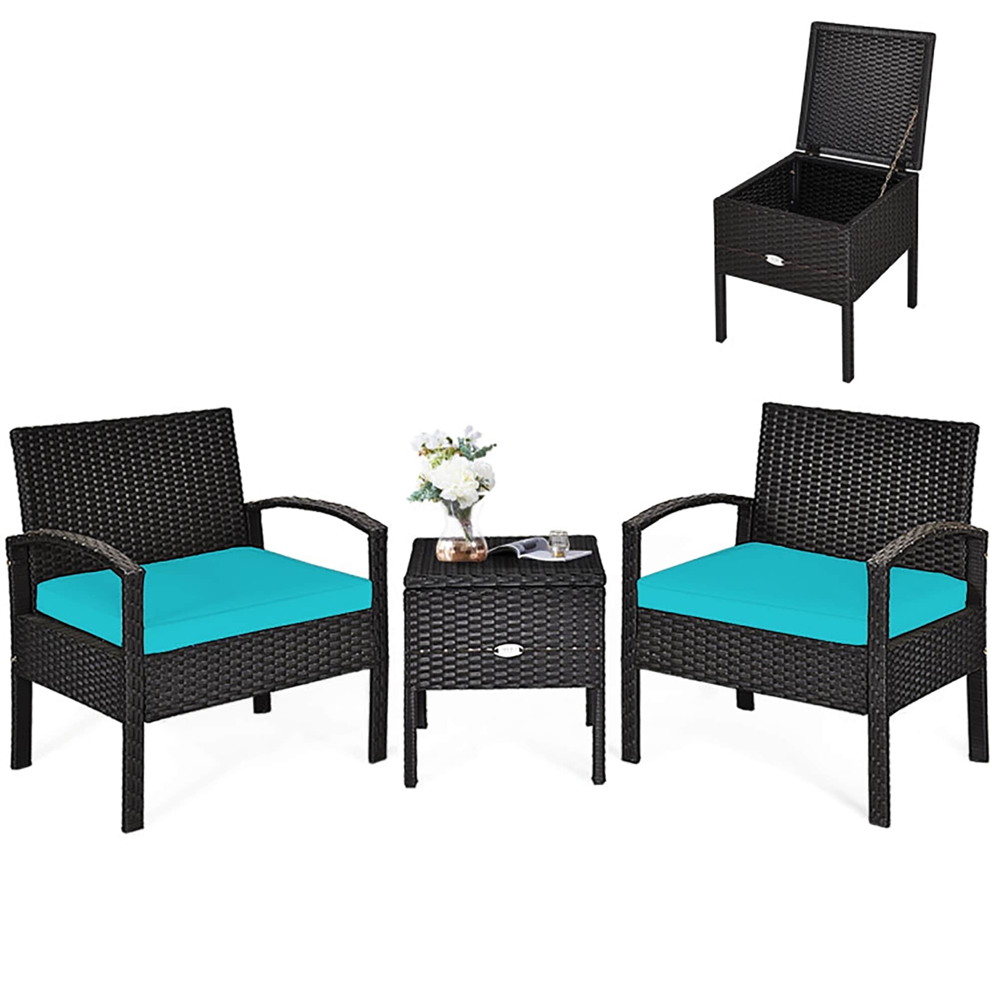 CASAINC WF-HW63757 3 Pieces PE Rattan Wicker Sofa Set with Washable and Removable Cushion for Patio 3 -Piece Rattan Patio Conversation Set with Blue Cushions