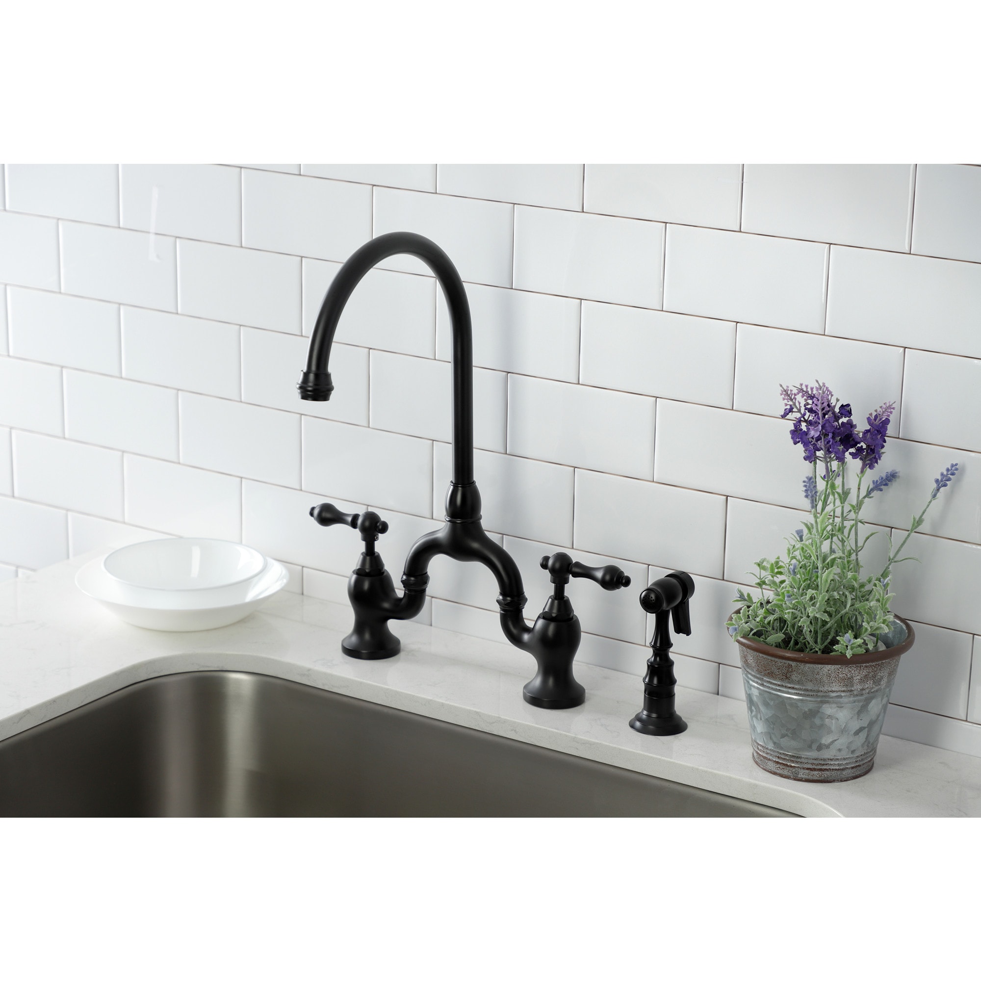 Kingston Brass WLKS7790ALBS English Country Matte Black Double Handle Deck-mount Bridge Kitchen Faucet ( Side Sprayer Included )
