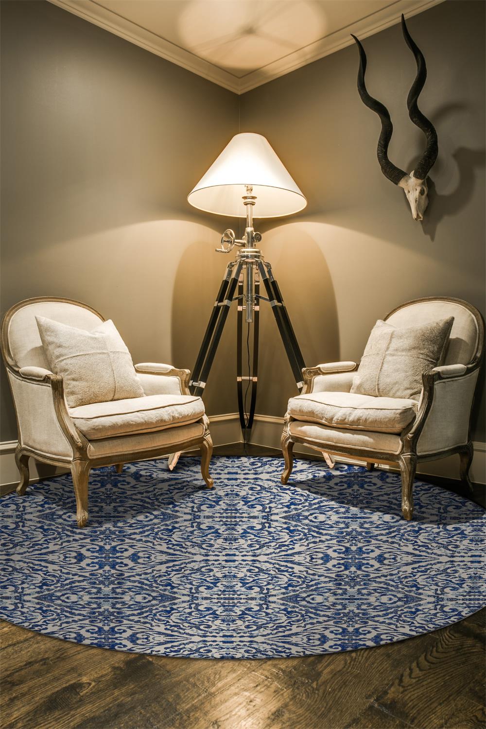 Room Envy 653R3466RYL000N89 Carini 9 x 9 (ft) Loomed Polypropylene Ice Blue/Estate Blue Round Indoor Damask Vintage Area rug
