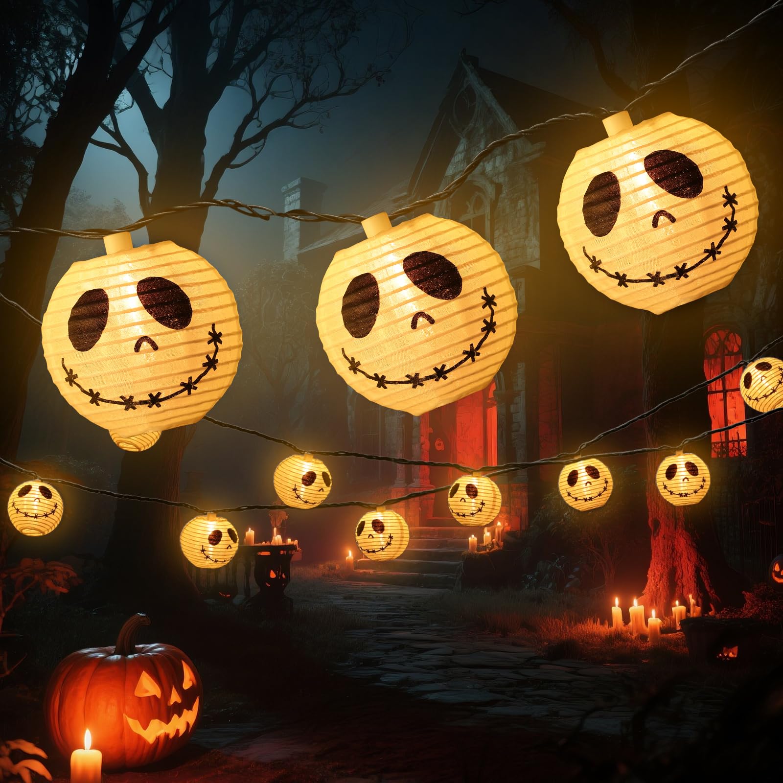 Phewnyzo  Halloween Ghost Lantern String Lights 10 pack White Jack Skellington Face Indoor Outdoor Decorations Plug in for Porch Patio Garden Tree