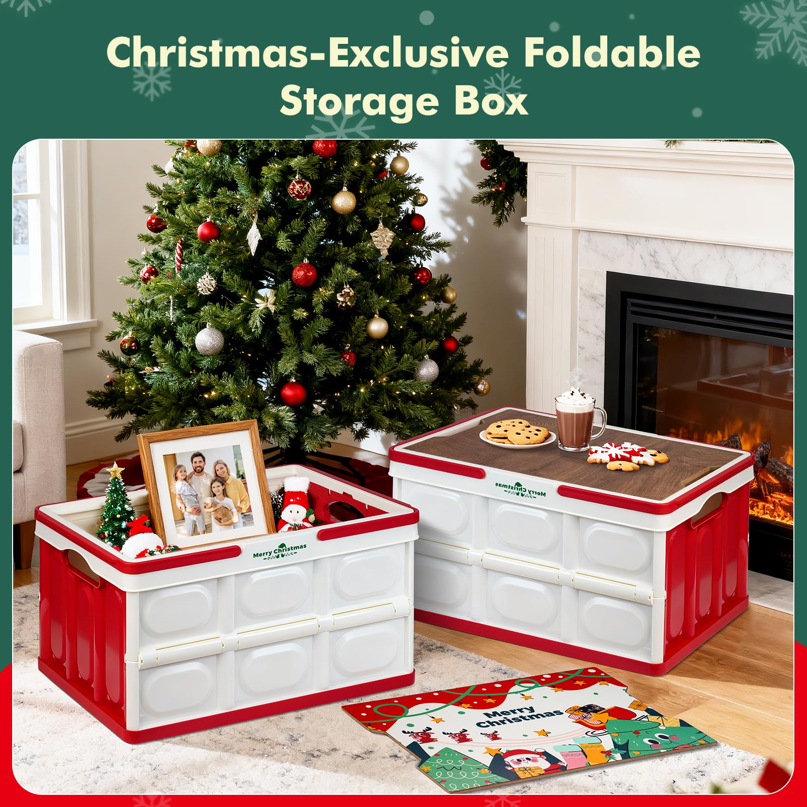 Aoibox 2 Pack 50L Christmas Storage Boxes Foldable with Wood Lid