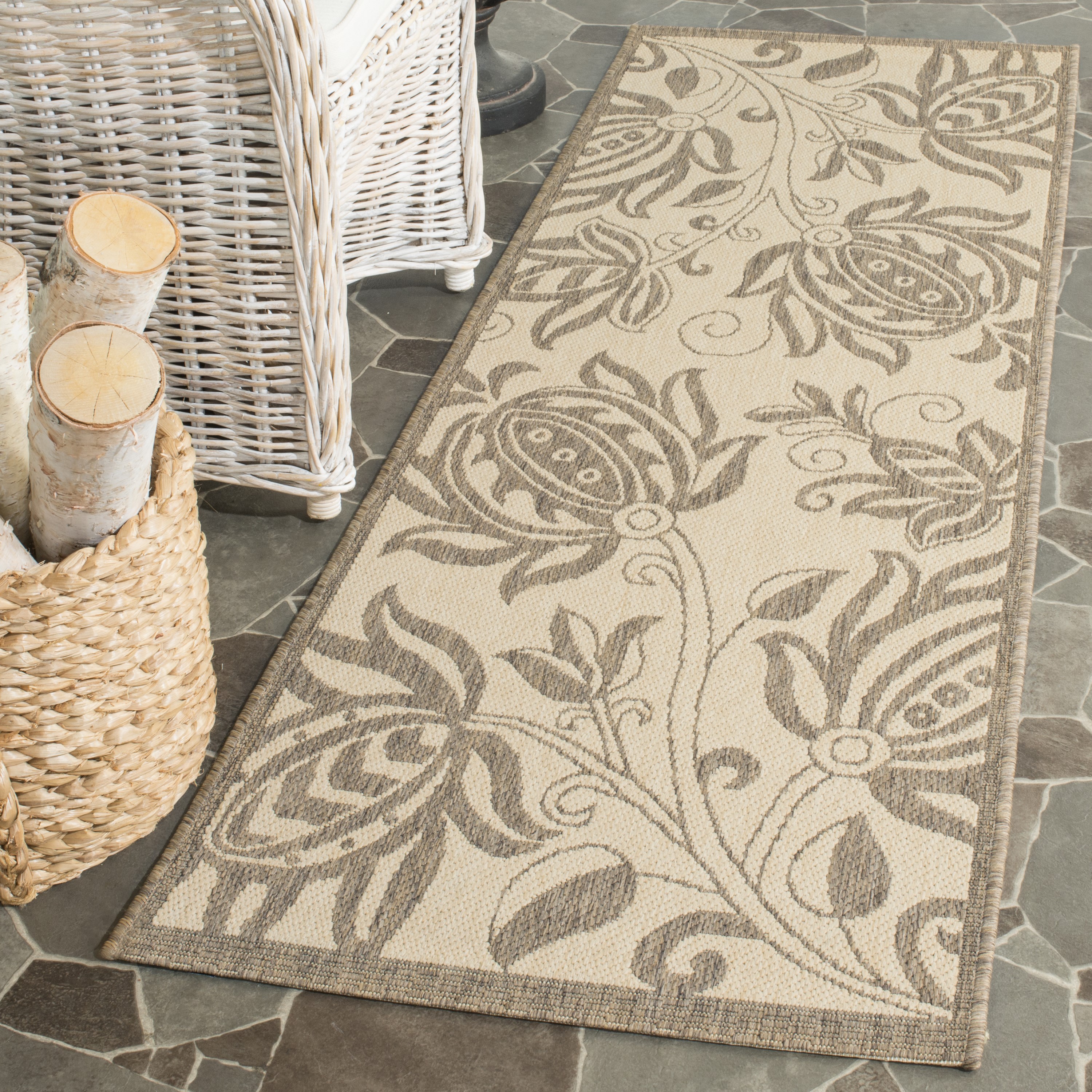 Safavieh CY2961-3001-27 Courtyard Blossums 2 x 7 (ft) Loomed Polypropylene Natural/Brown Rectangular Indoor/Outdoor Floral/Botanical Coastal Runner rug