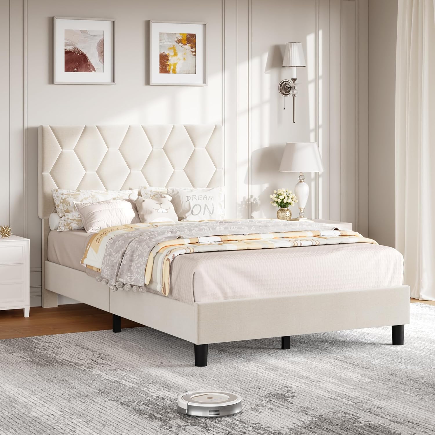 Qeetex LHF-BED-PHO-10JWWGDG Beige Twin Bed Frame with Upholstered Headboard Heavy-Duty Platform Bed Frame with Strong Wood Slats No Box Spring Needed/Noise Free/Easy Assembly