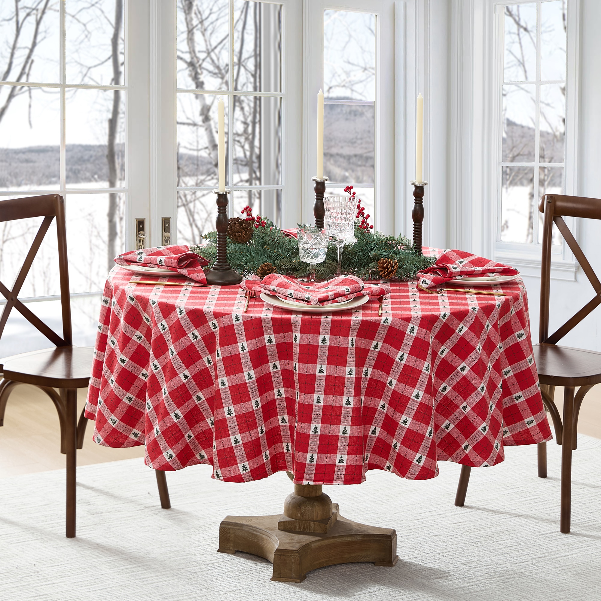 Elrene Home Fashions 194590284978 Sherwood Tree Dobby Cotton Round 70 in. Indoor Red Table Cover for 60-in round