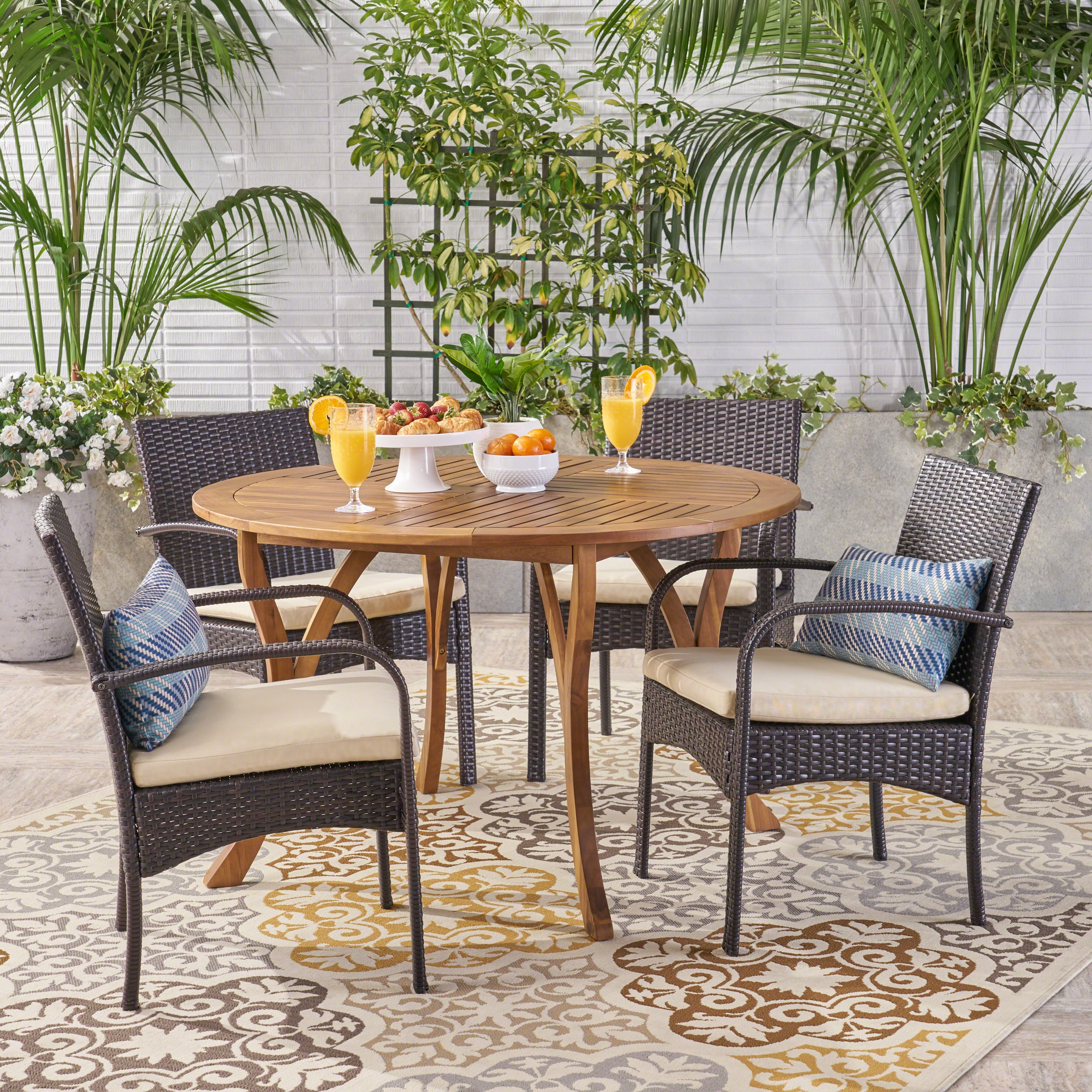 Christopher Knight Home 305015 Chilton Outdoor 5 Piece Acacia Wood and Wicker Dining Set Teak with Multi Brown Chairs
