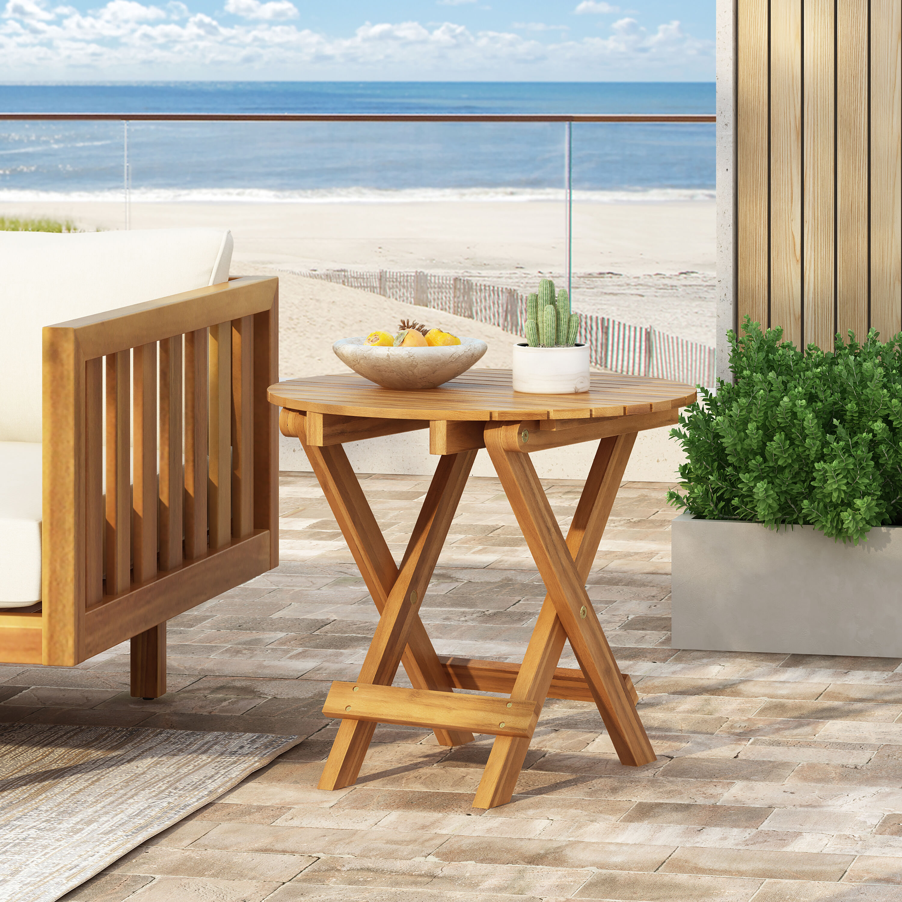 LOVMOR SF-H-N770P261552T NO INSTALLATION REQUIRED FOLDABLE AND ADJUSTABLE OUTDOOR ACACIA WOOD SIDE TABLE TEAK FINISH
