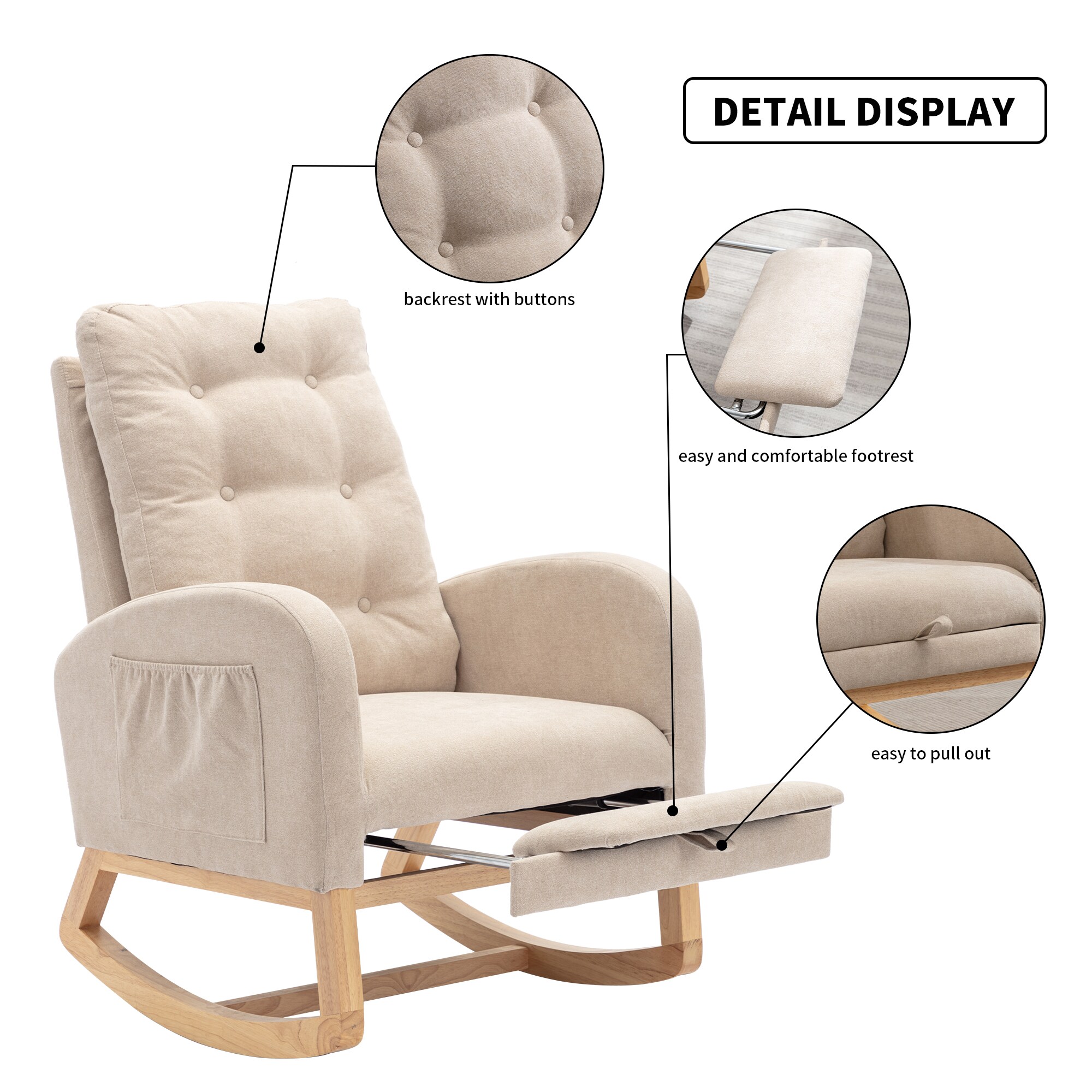 Detail display of backrest buttons and pull-out footrest of beige rocking chair