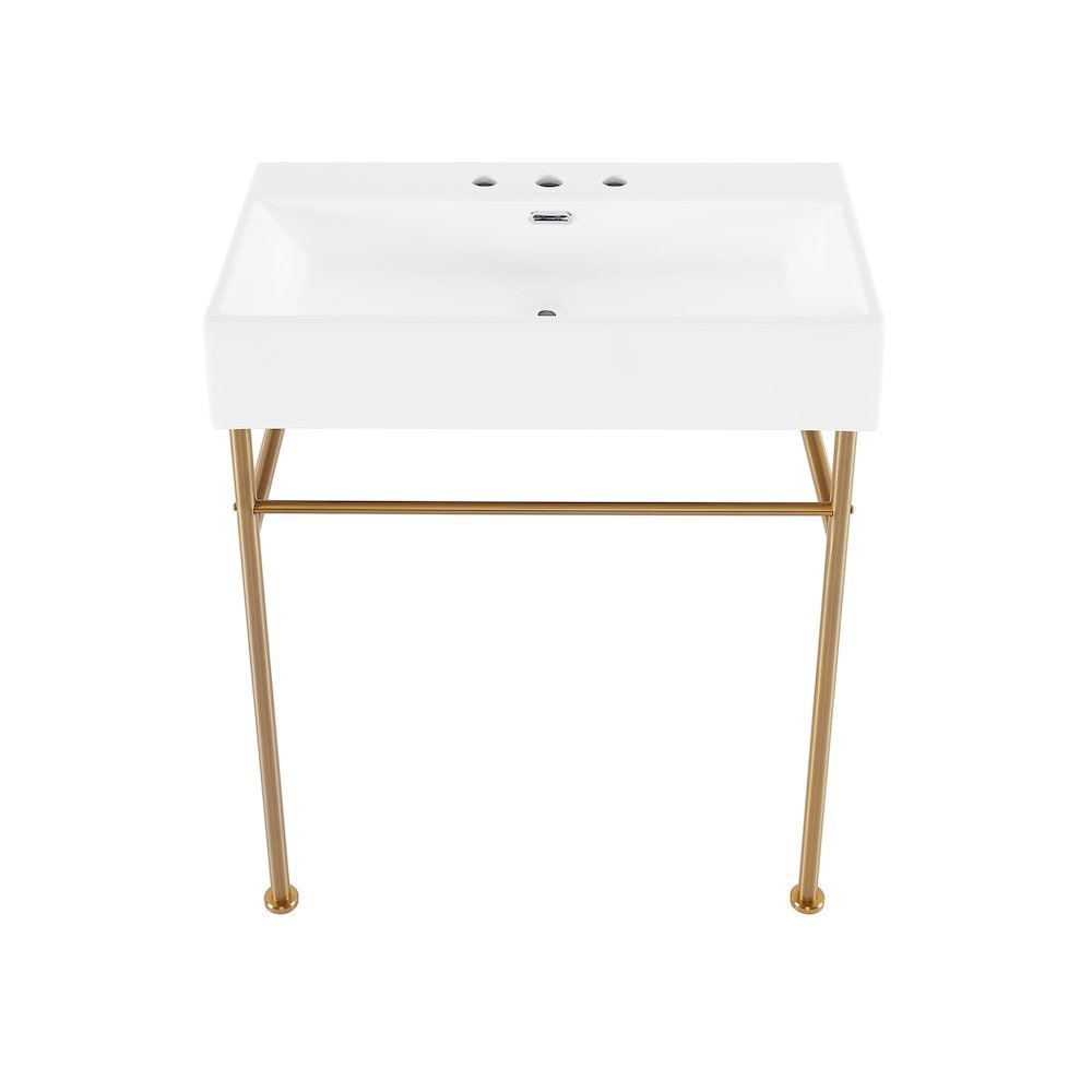 Swiss Madison - Claire 30 Console Sink White Basin Brushed Gold Legs with 8 Widespread Holes