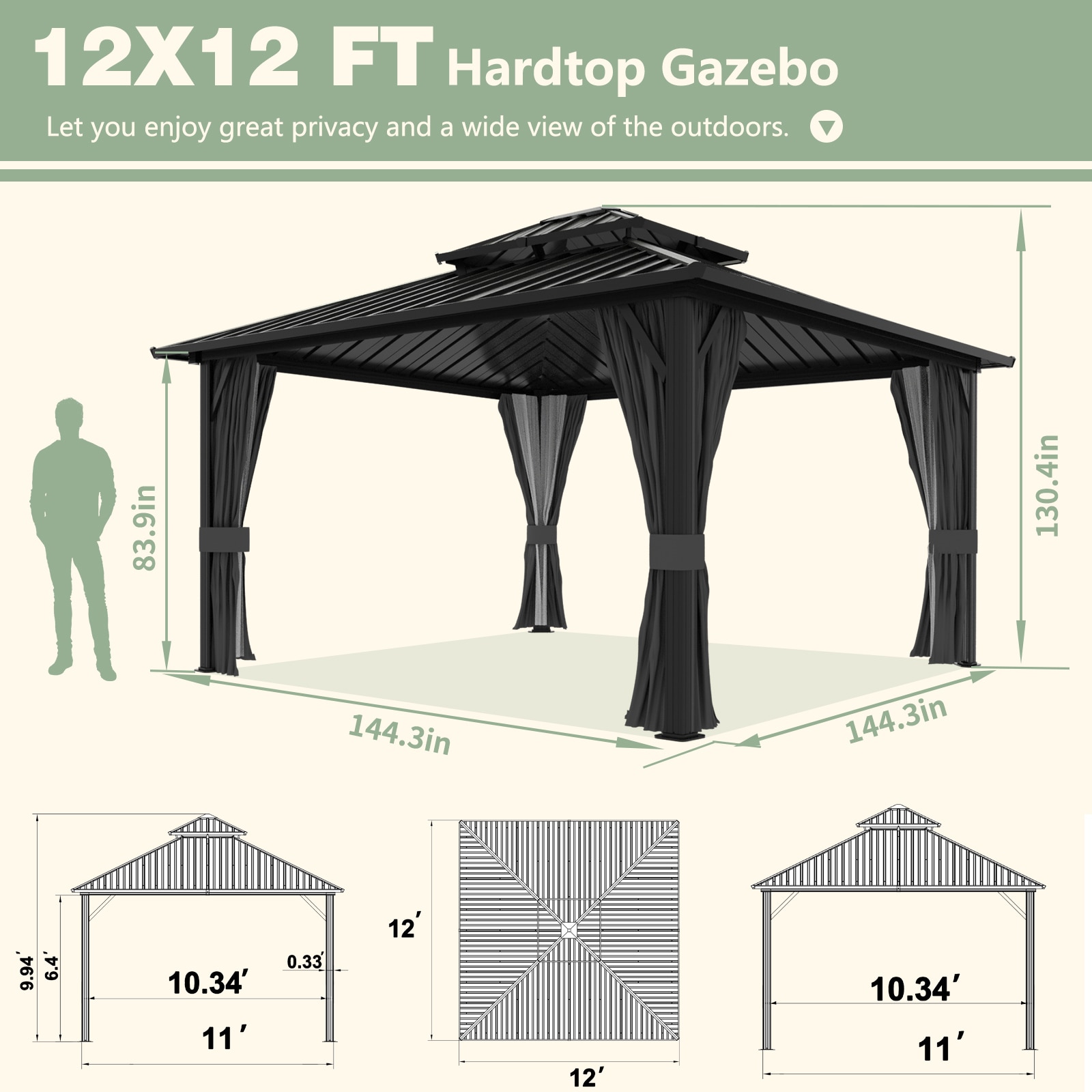 VEIKOUS 12 ft x 12 ft Hard top Square Black Metal Steel Roof Gazebo PG0201 01 01 at Lowes