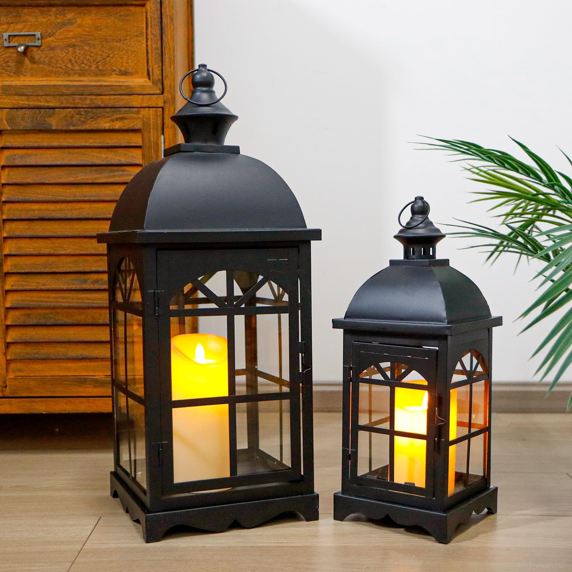 AOIZGMY  Set of 2 Vintage Candle Lanterns Black Metal Tempered Glass 14.5 in and 20 in Hanging Lanterns for Porch Patio Indoor Outdoor Decor